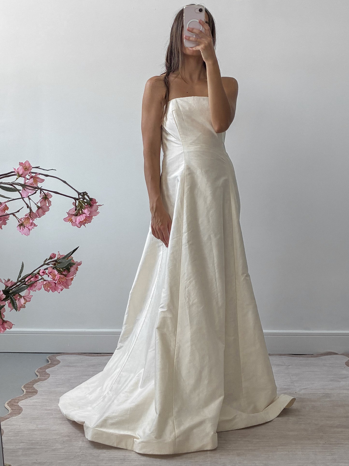 1990s Strapless Silk Boned Wedding Dress With Train And Convertible Beaded Trim