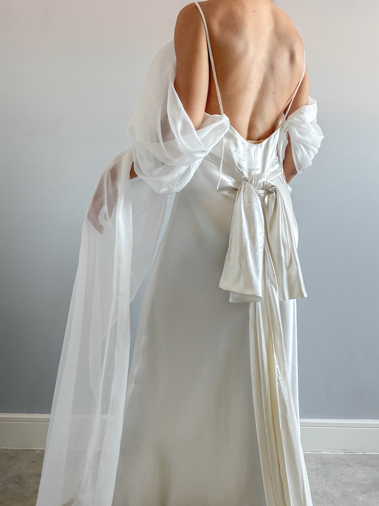 1930s Silk Wedding Gown With Chiffon Sleeves And Bow Detail