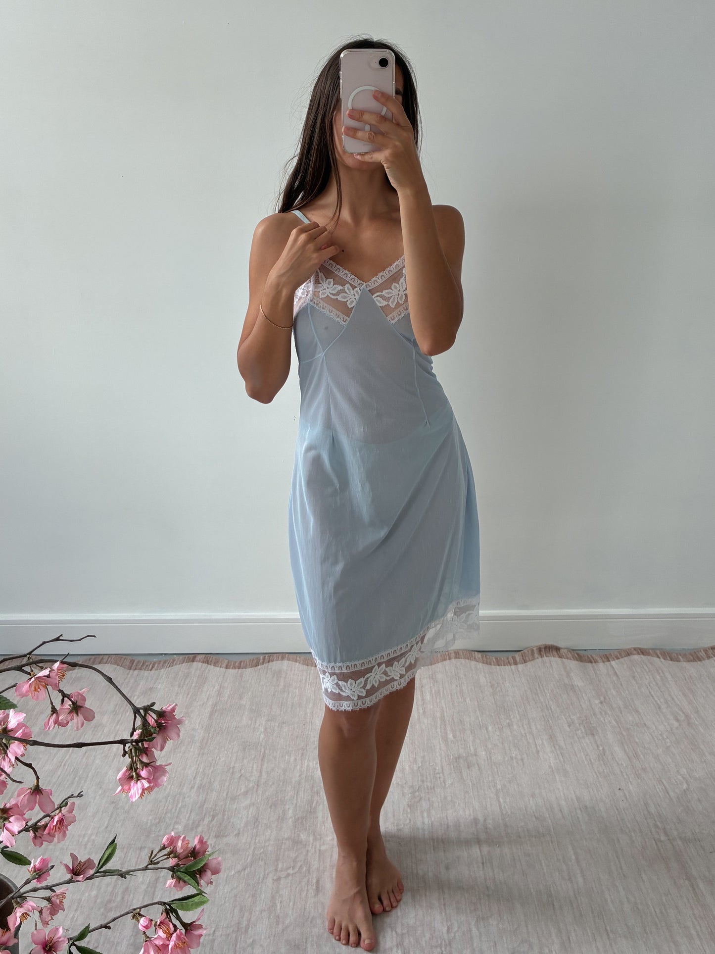1940s Powder Blue Midi Slip With White Lace M