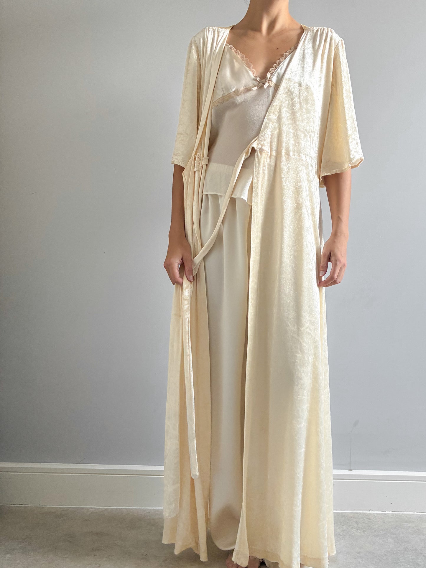 1970s Crushed Velvet Robe With Triangle Sleeves In Buttercream
