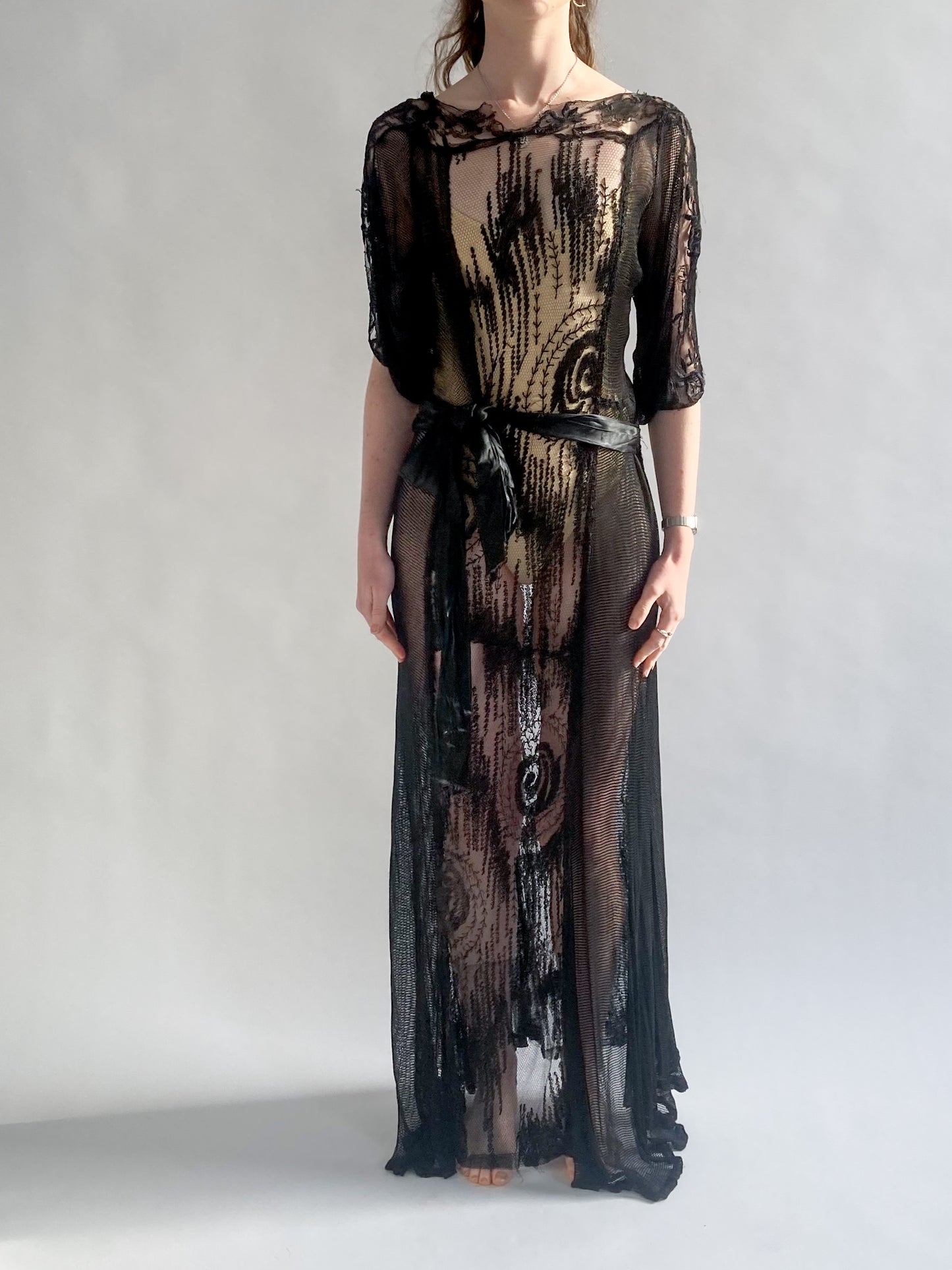 1920s Silk Cotton Black Crochet Dress