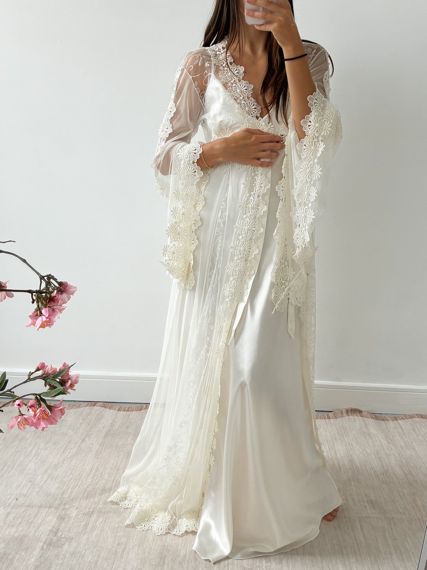 1980s Sheer Robe With Round Lace Detail & Bell Sleeves One Size