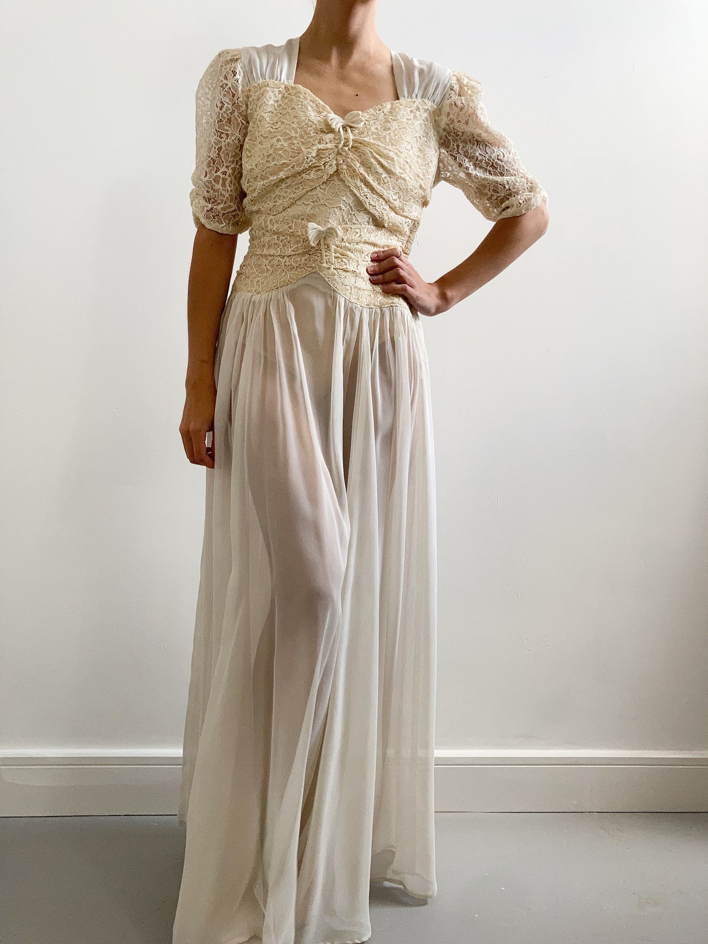 1940s Champagne Lace and Chiffon Wedding Dress with Bows