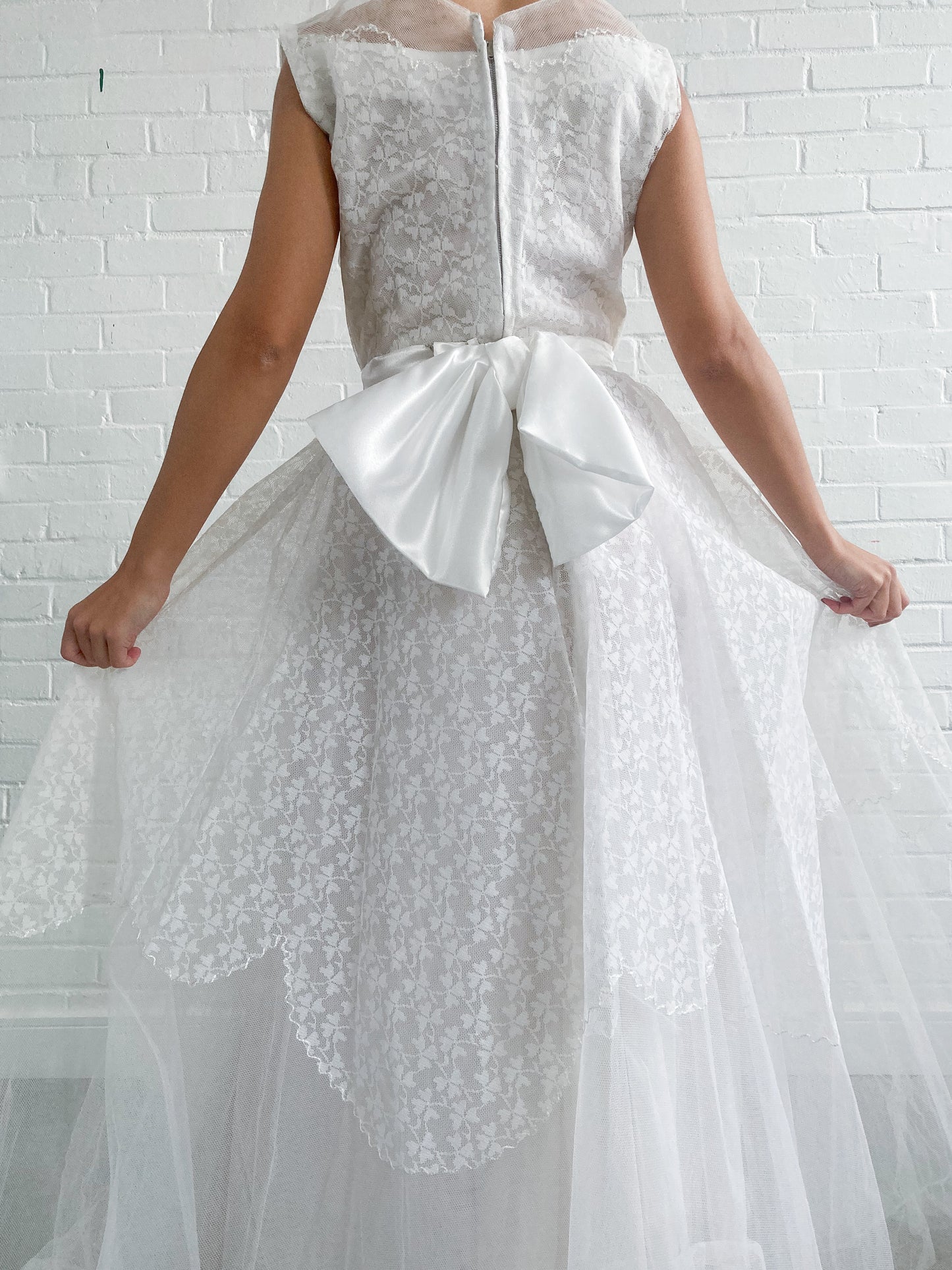 1950s Tulle & Floral Applique Wedding Dress with Bow Detail
