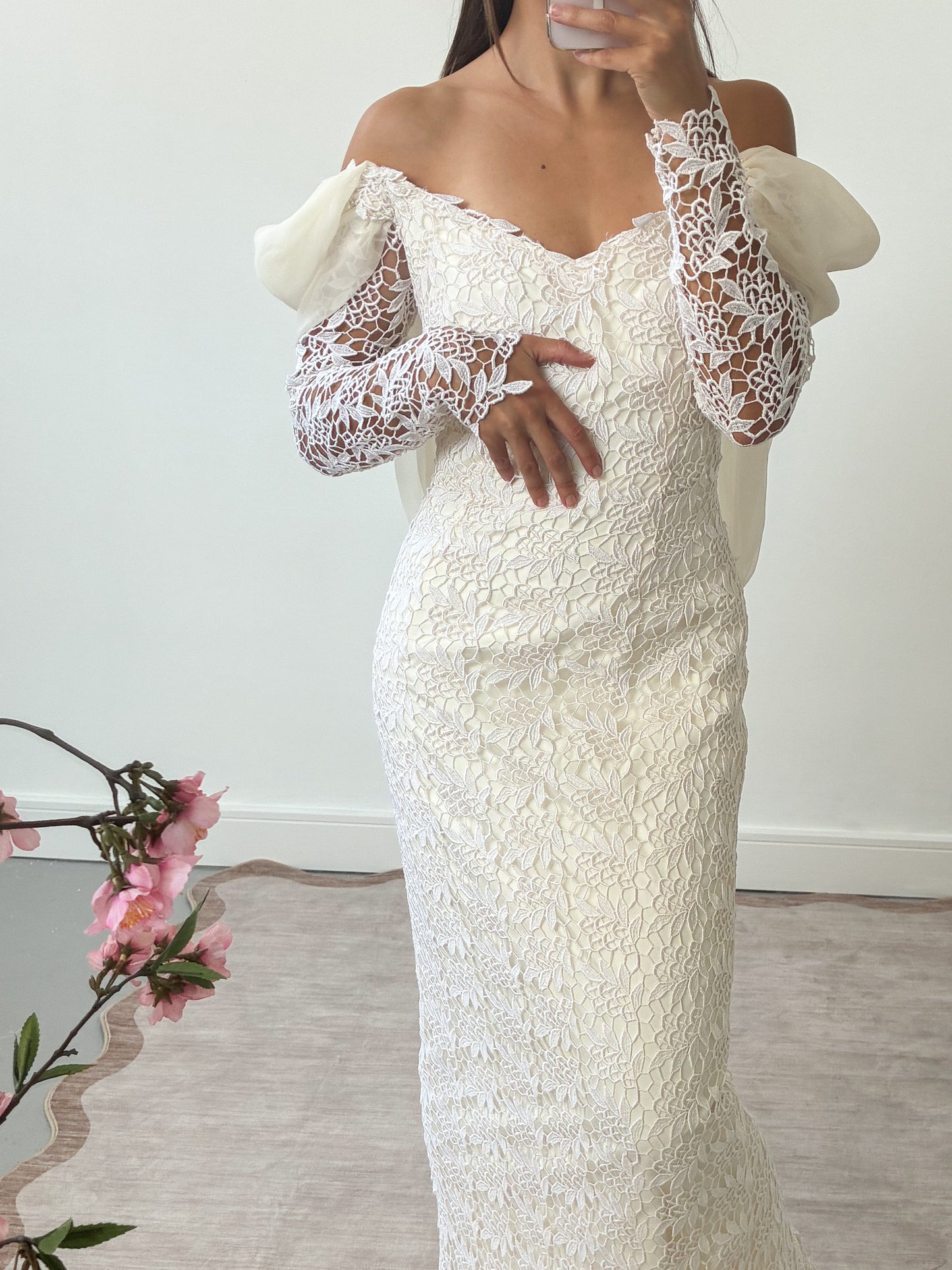 1980s Lace And Chiffon Column Dress With Detachable Cathedral Train S M