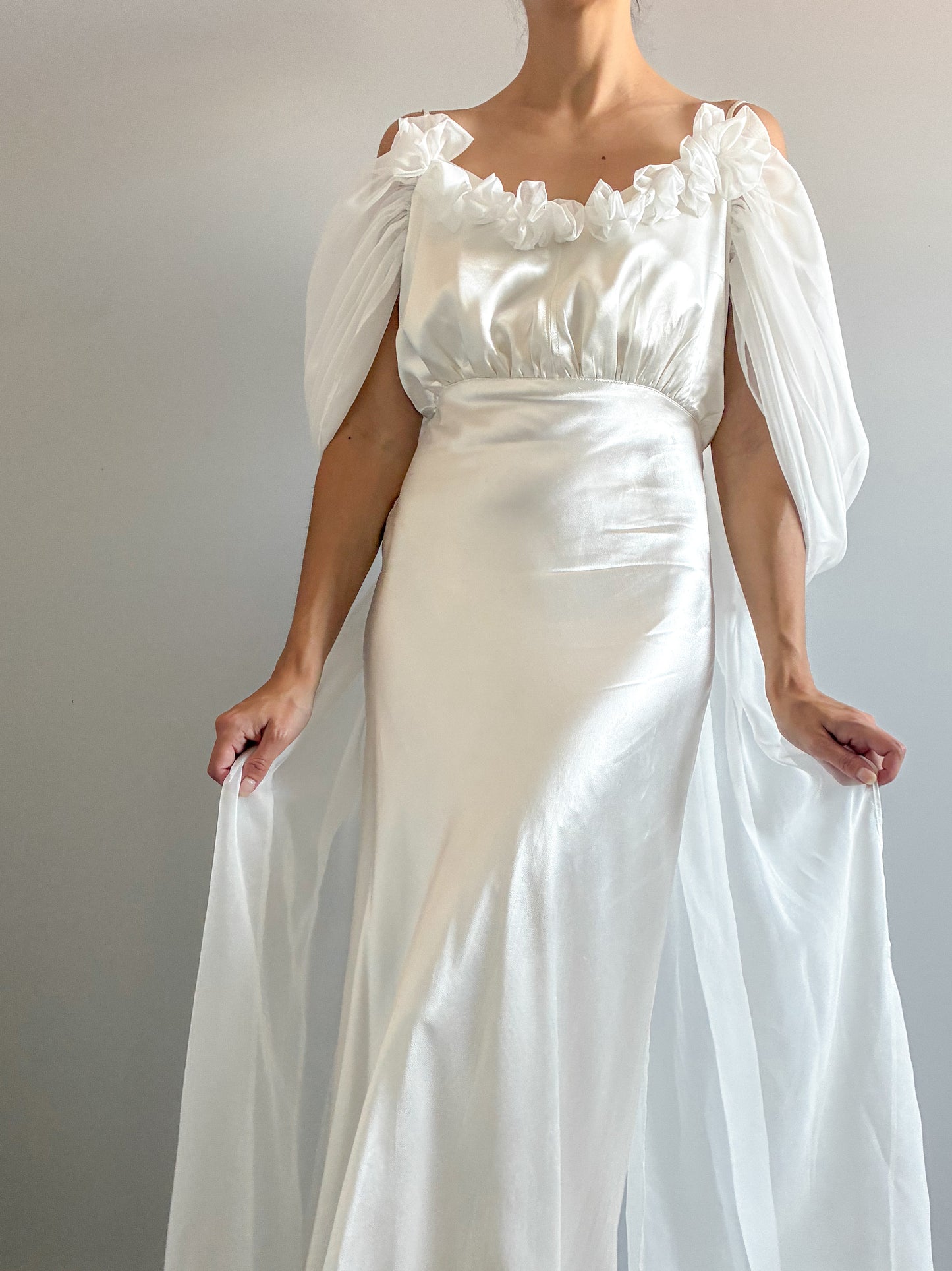 1930s Silk Wedding Gown With Chiffon Sleeves And Bow Detail