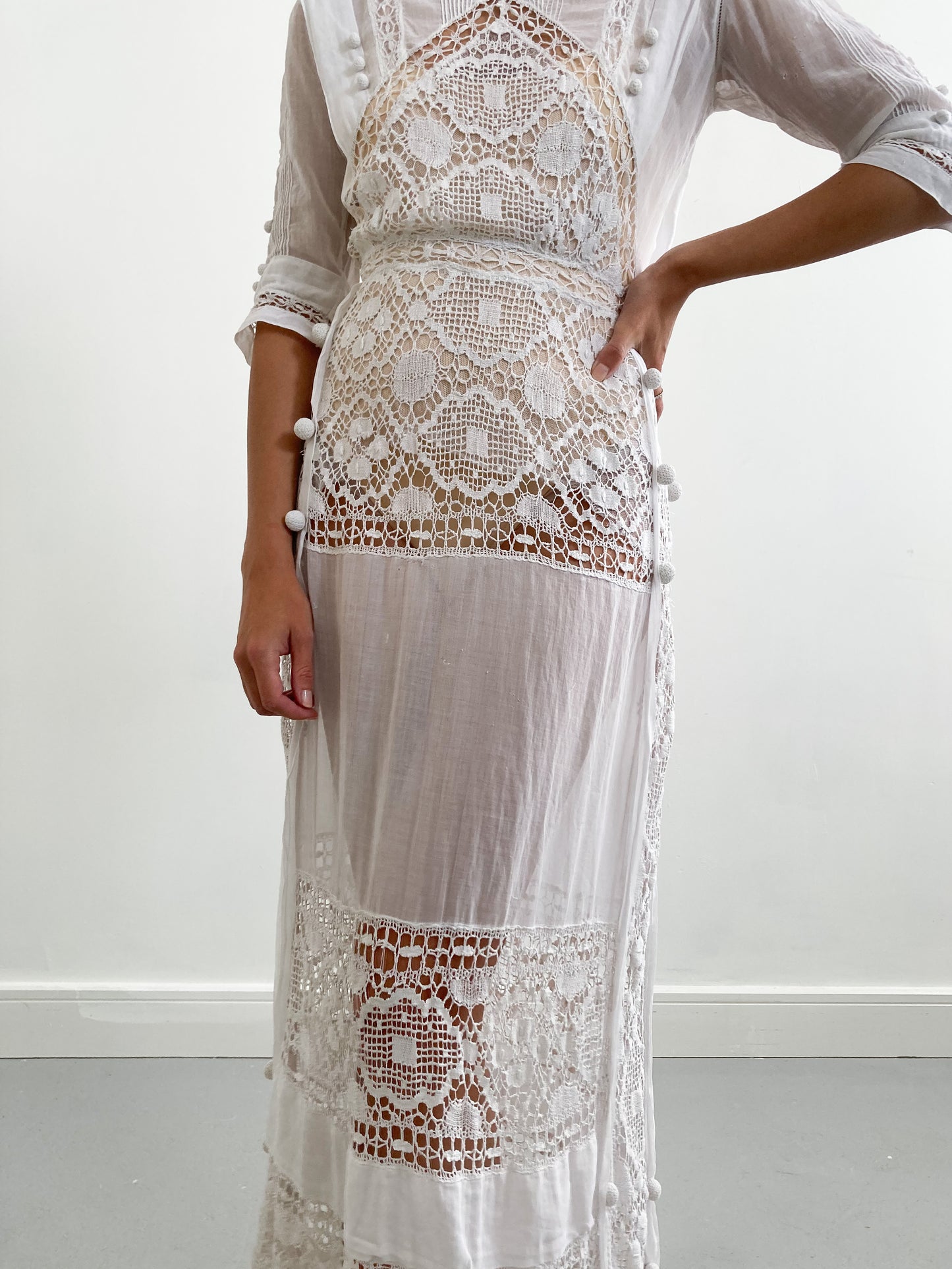 Edwardian Cotton Tiered Tea Wedding Gown with Raised Embroidery