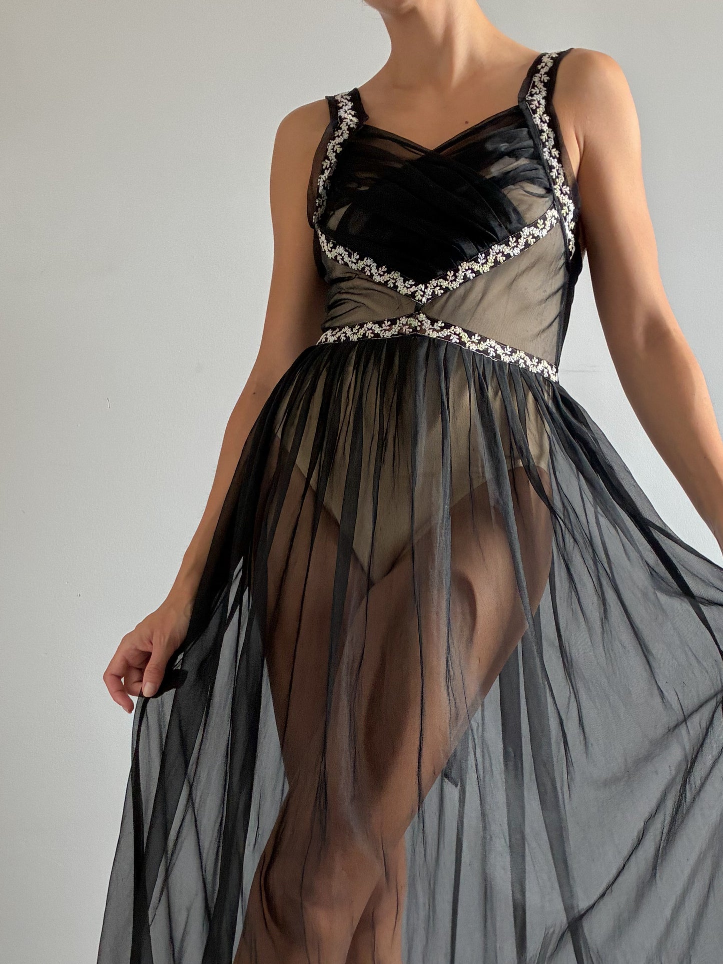 1950s Black Sheer Nightdress With Floral Embroidery