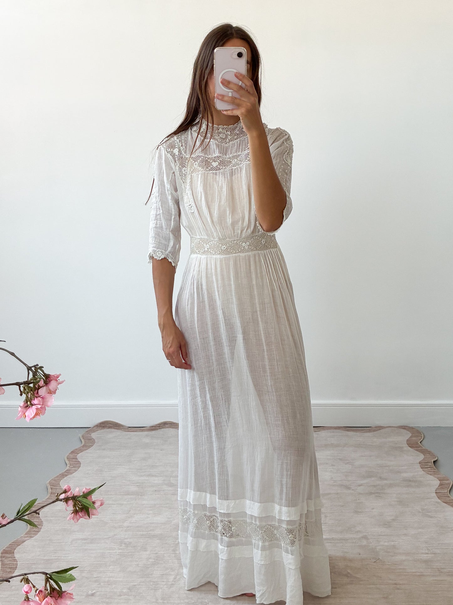 Antique Edwardian Cotton Lawn Wedding Dress With Hand-Crochet Panels XS S