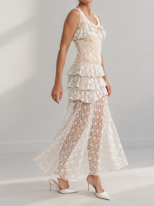 1930s French Floral Lace Dress With Ruffle Detail S M