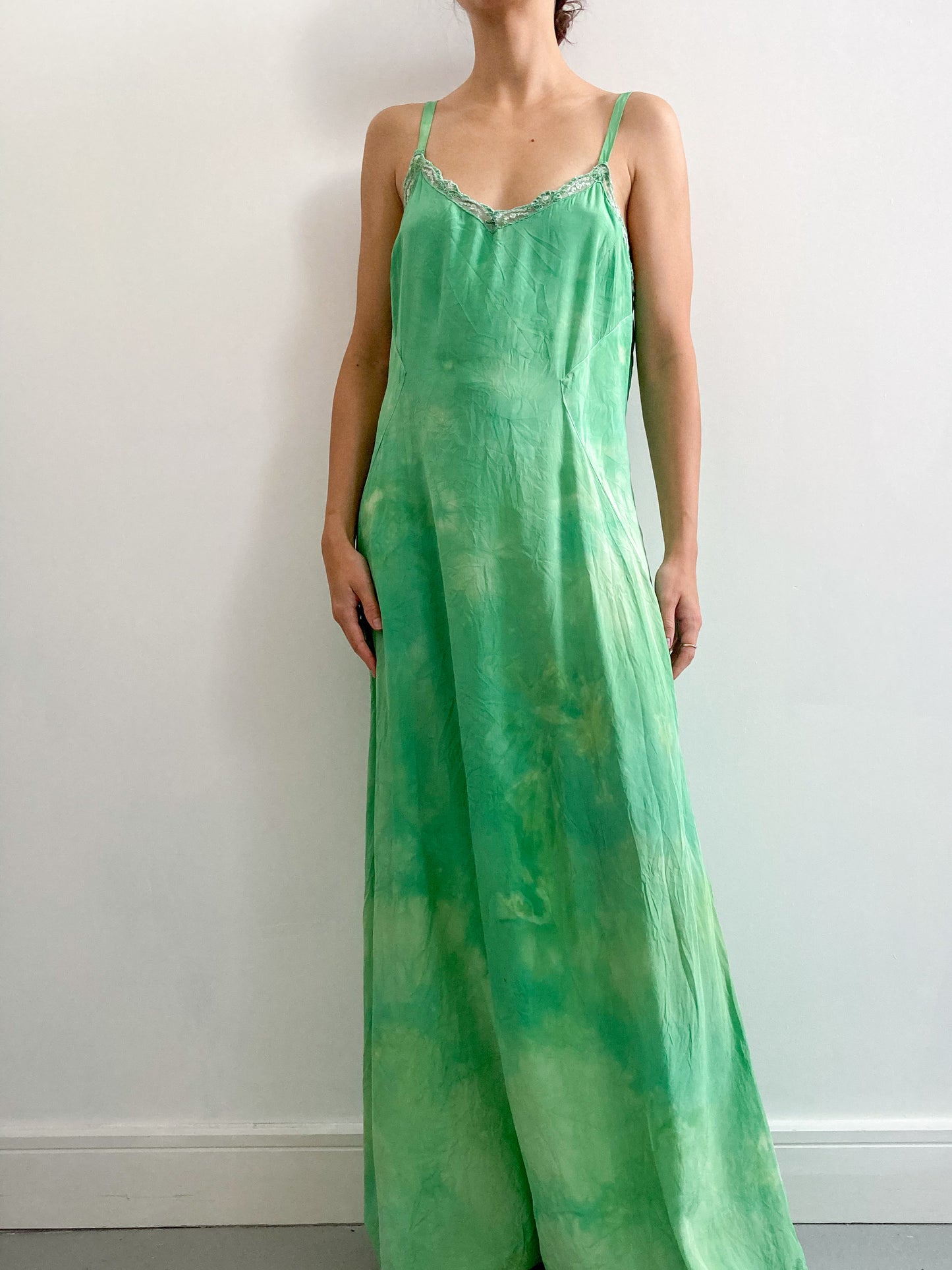 1930s Hand Dyed Maxi Silk Slip with Flower Detail - Emerald