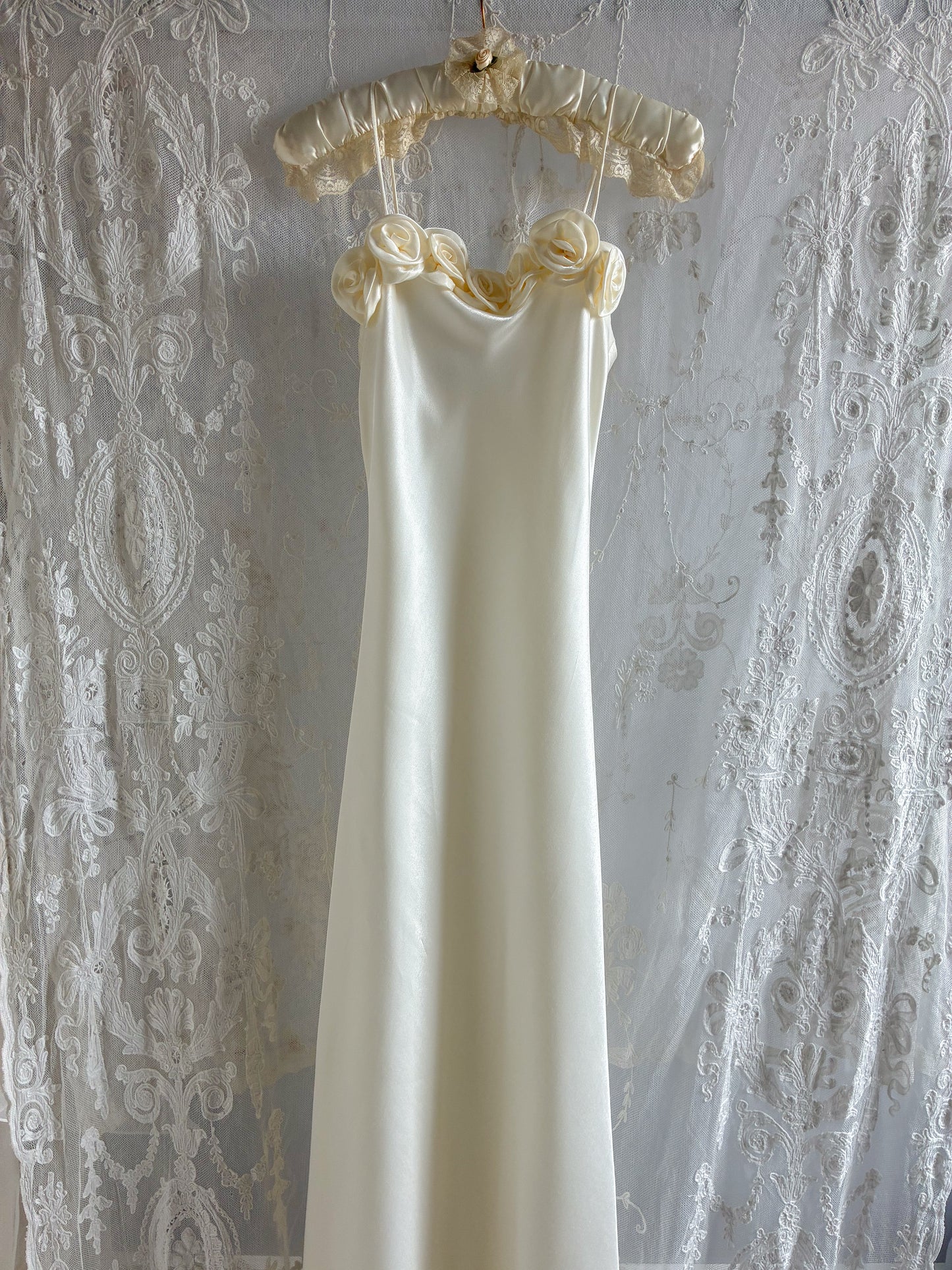 1990s Minimalist Satin Wedding Dress With Rose Detail