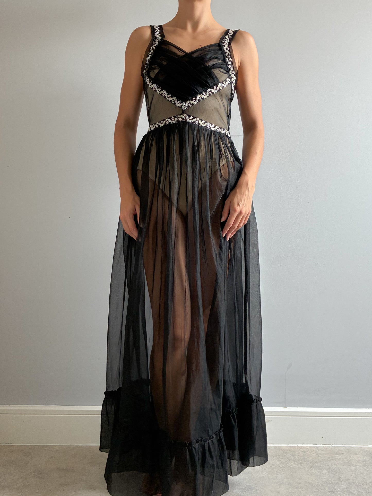 1950s Black Sheer Nightdress With Floral Embroidery