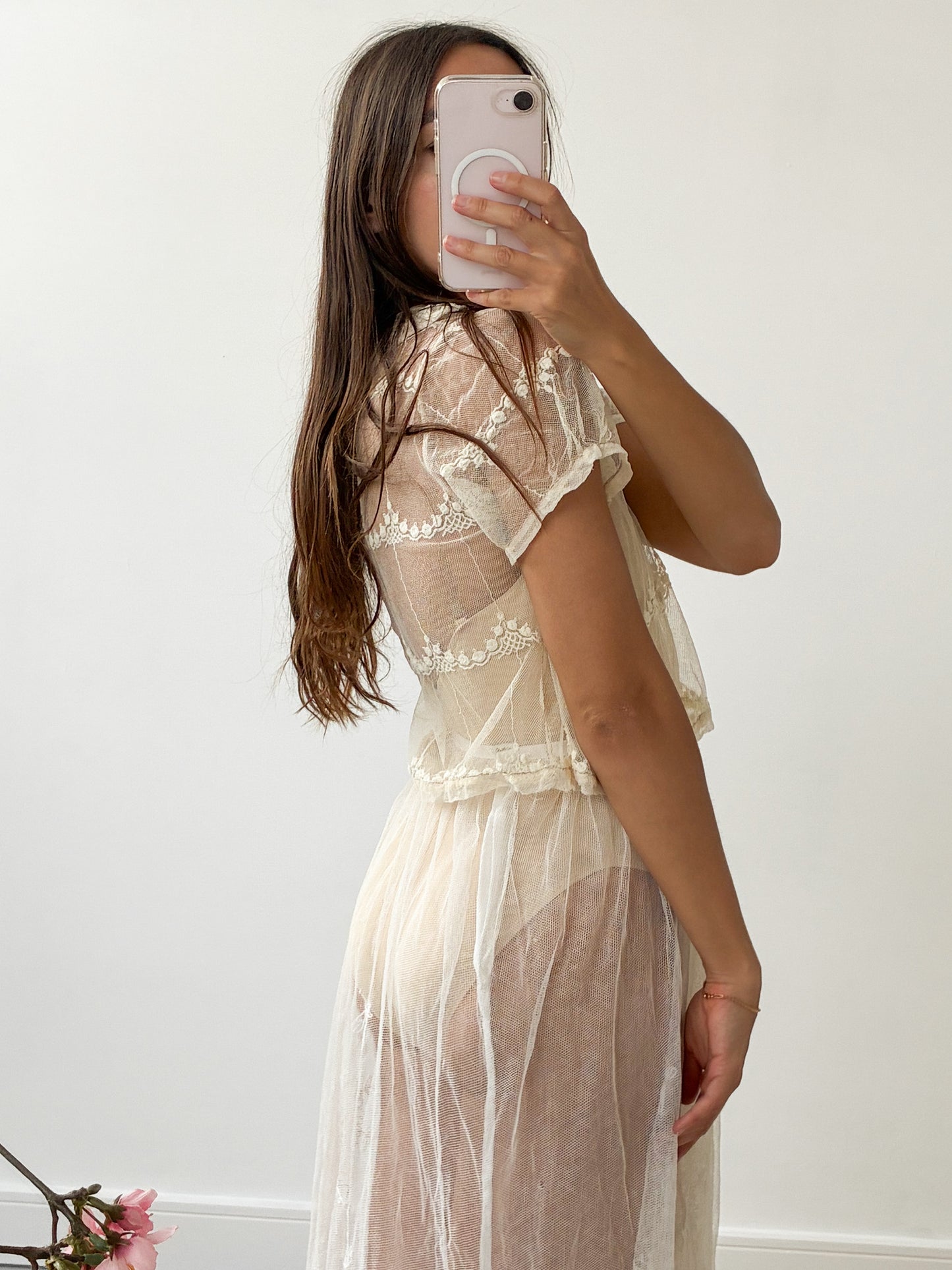 Antique French Embroidered Net Blouse In Cream S