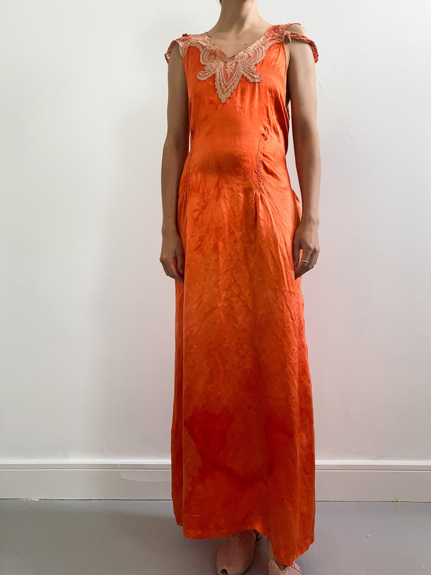 1930s Hand Dyed Silk Satin Slip with Lace and Cap Sleeves