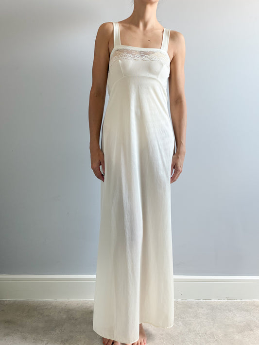 1970s Cream Maxi Slip With Square Neck And Lace Trim