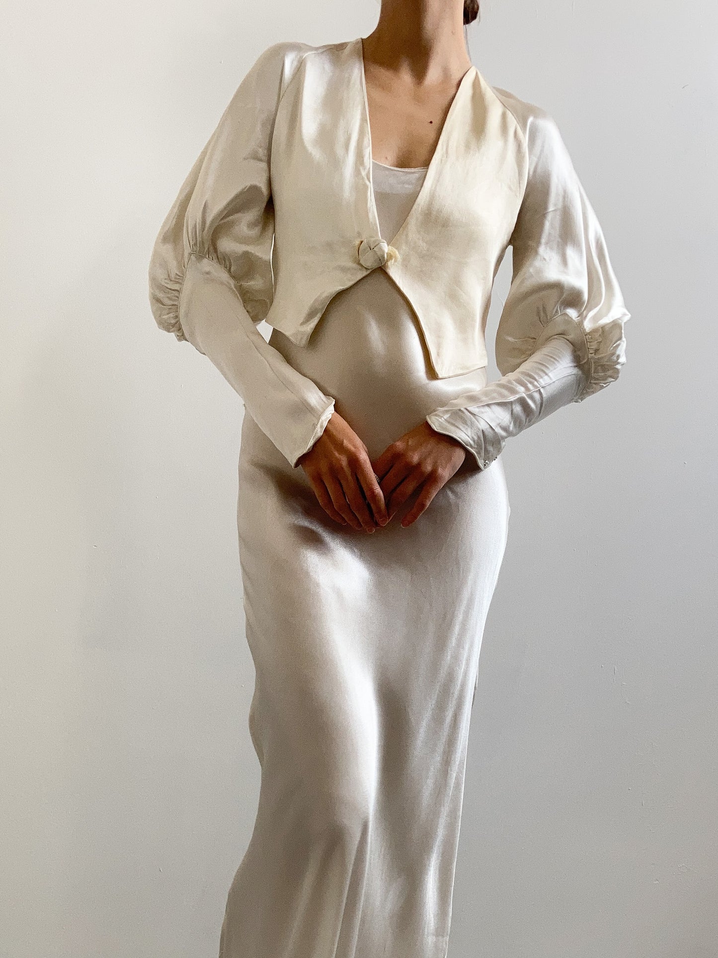 1930s Silk Charmeuse Bridal Jacket with Juliette Sleeves