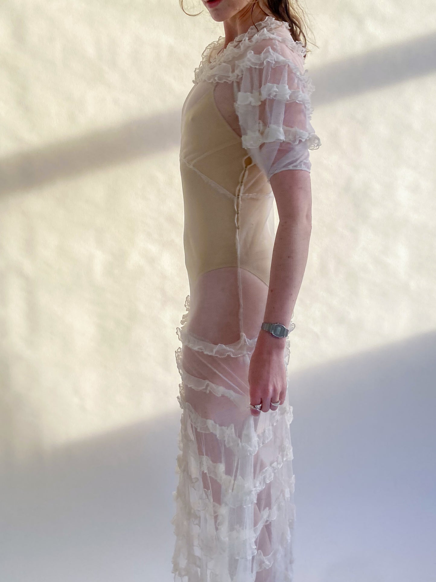 1930s Tiered Ruffle Net Dress With Puff Sleeves