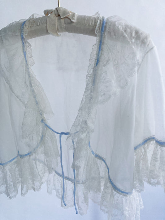 1940s Sheer Bed Jacket With Lace And Blue Ribbon