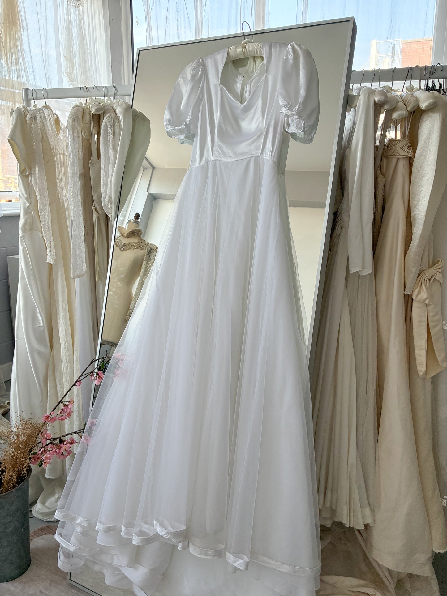 1983 Satin Puff Sleeve Gown With Chiffon Skirt And Scarf