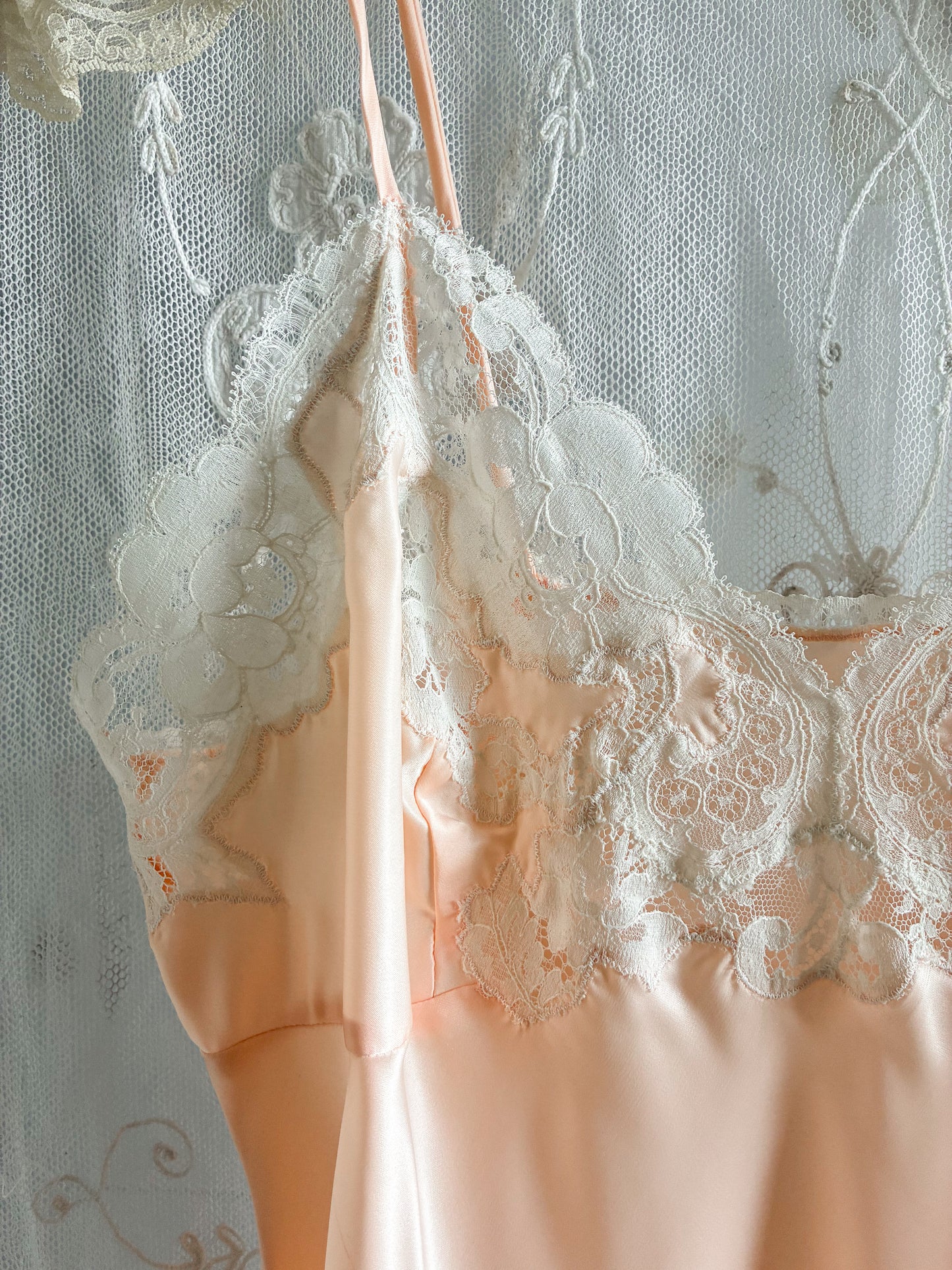 1940s Silky Midi Slip In Peach With Floral Lace