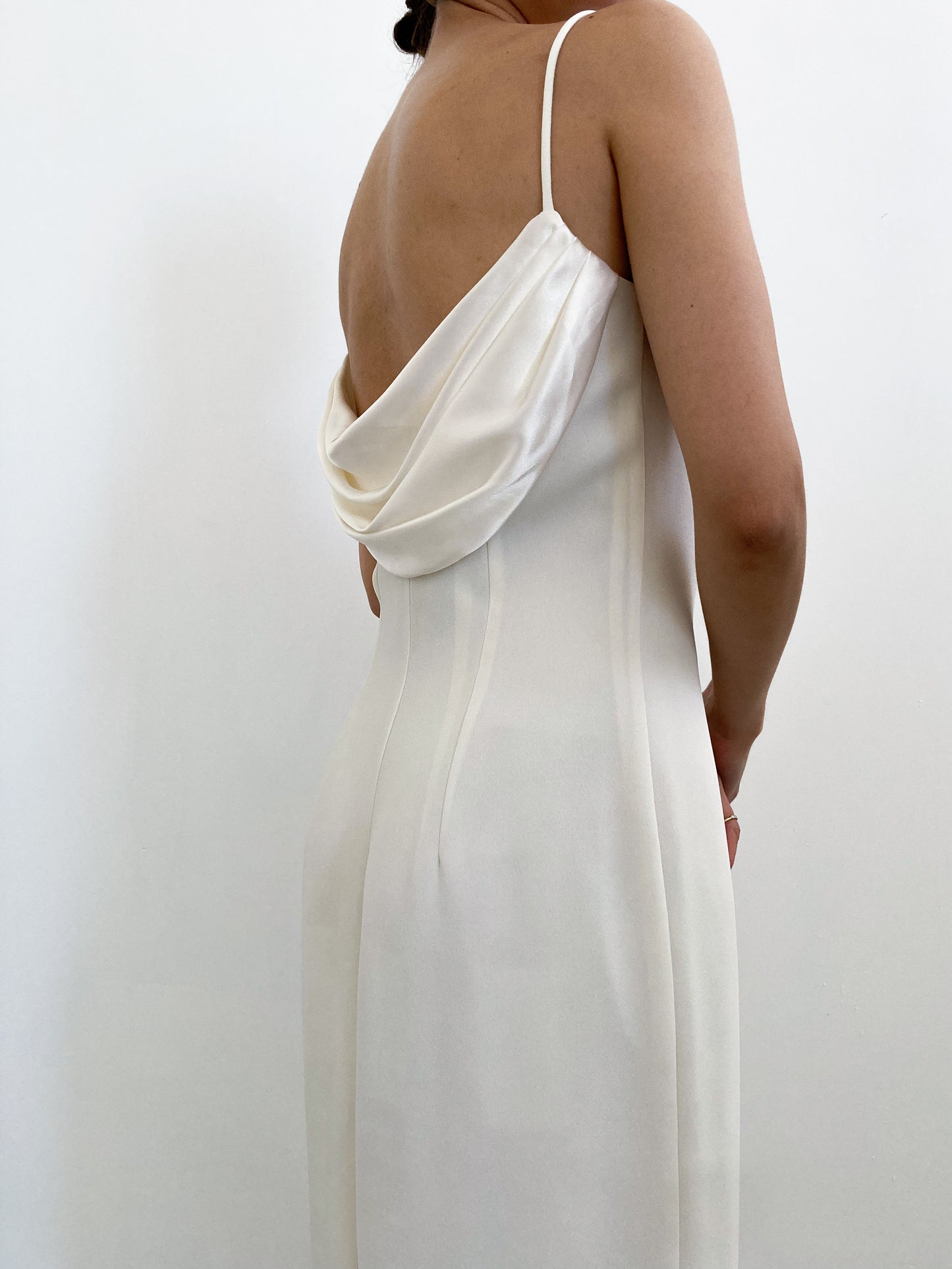 1990s Crepe Minimalist Wedding Dress with Pleated Detail & Spaghetti Straps