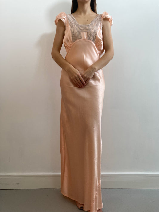 1930s Pink Satin Puff Sleeve Gown with Lace Embroidery