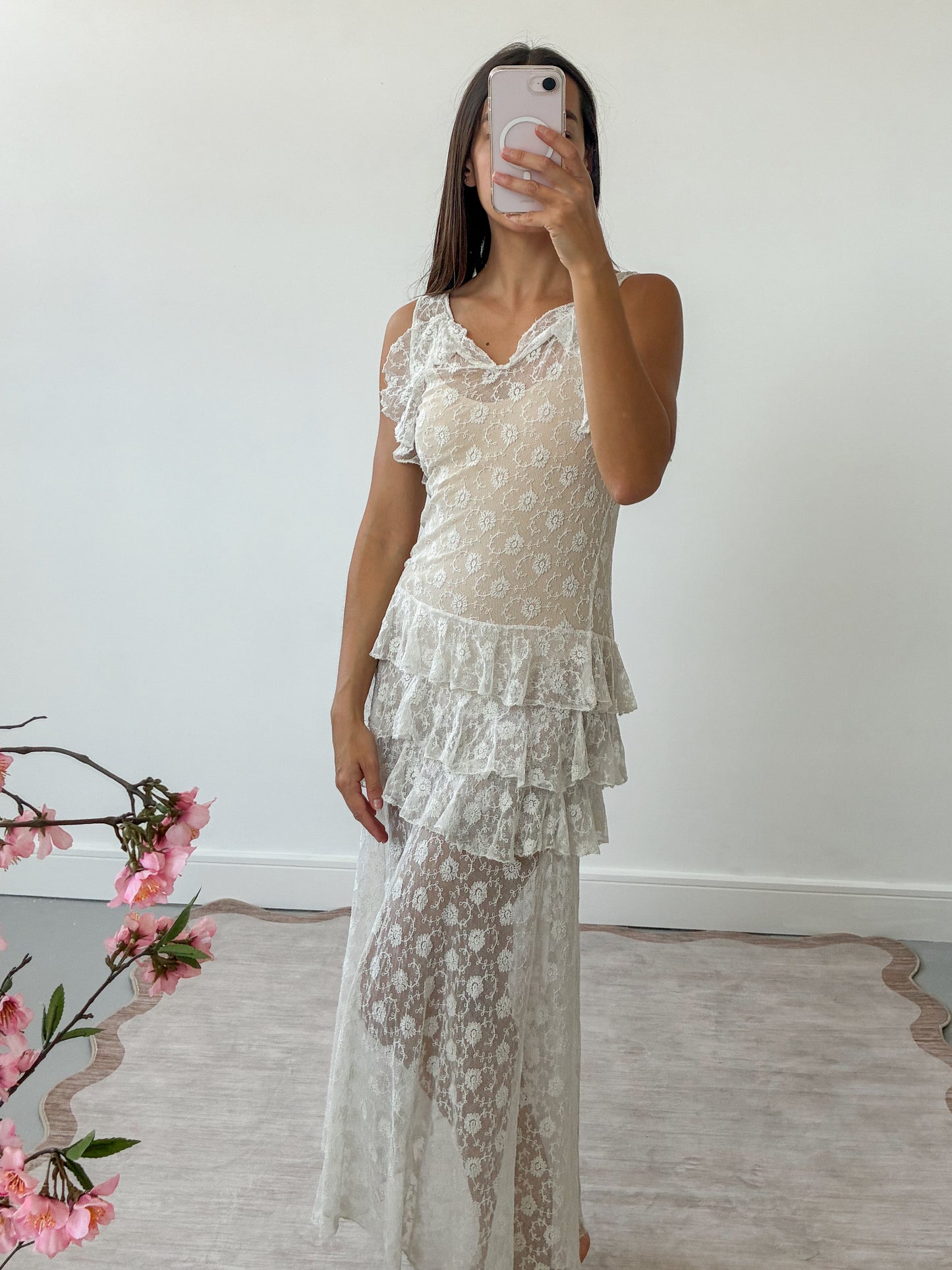 1930s French Floral Lace Dress With Ruffle Detail S