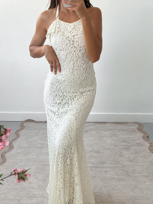 1930s Ivory Ruffled Bias Cut Wedding Dress In Cream Lace With Matching Bolero XS S