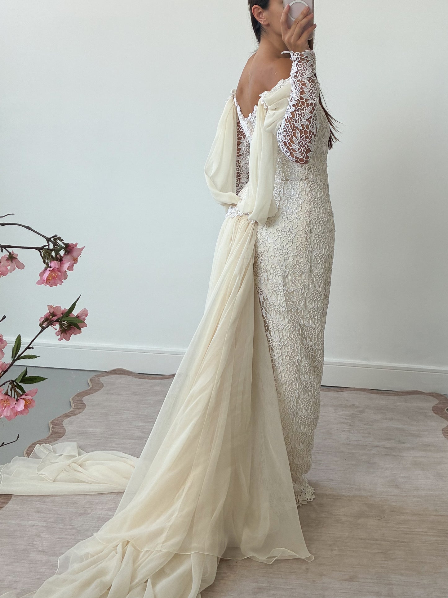 1980s Lace And Chiffon Column Dress With Detachable Cathedral Train S M