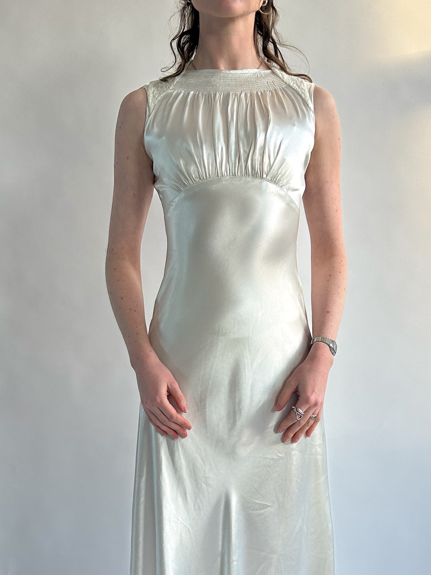 1930s Ivory Satin Sleeveless Wedding Dress with Gathered Neck & Train