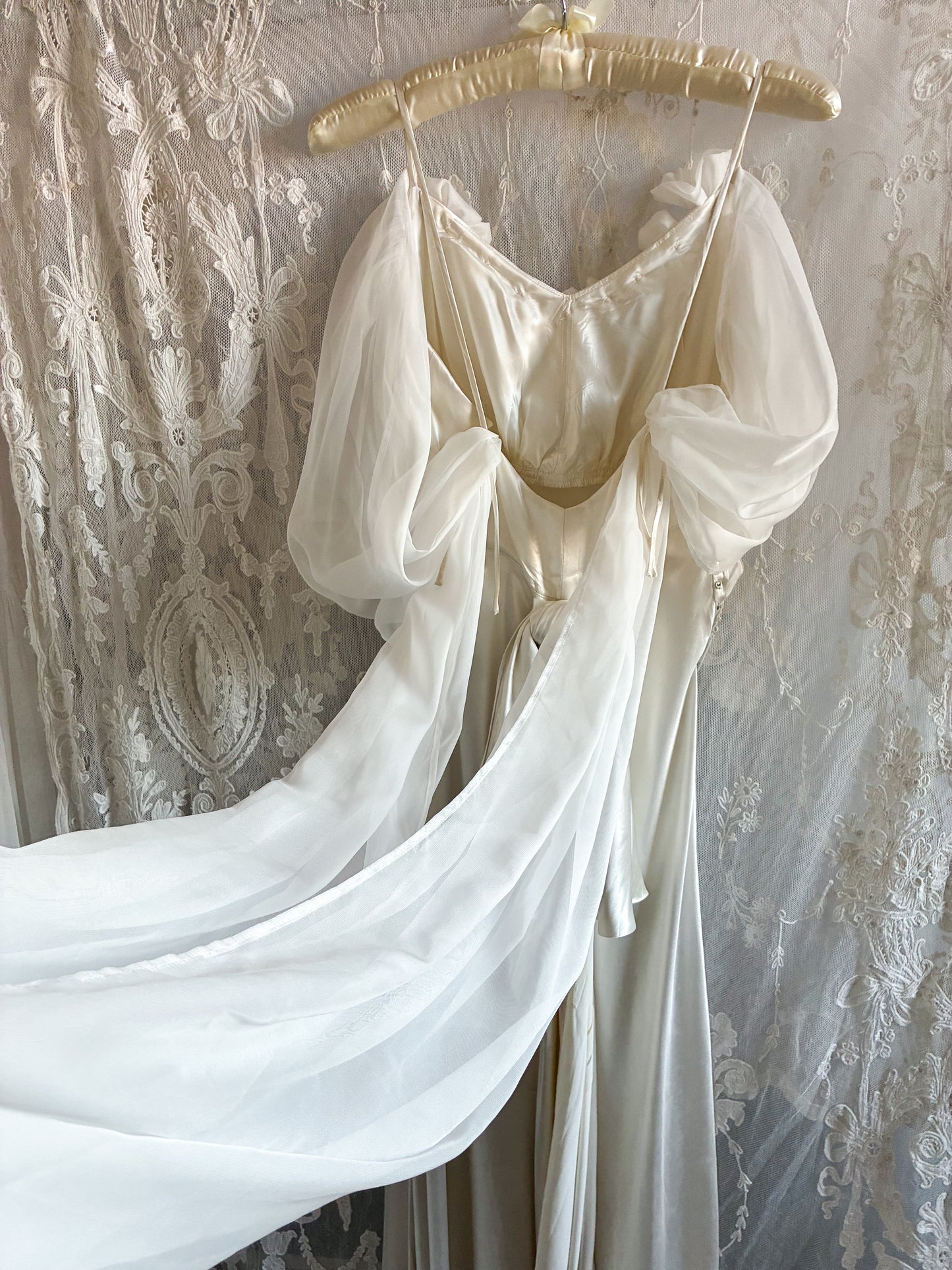 1930s Silk Wedding Gown With Chiffon Sleeves And Bow Detail