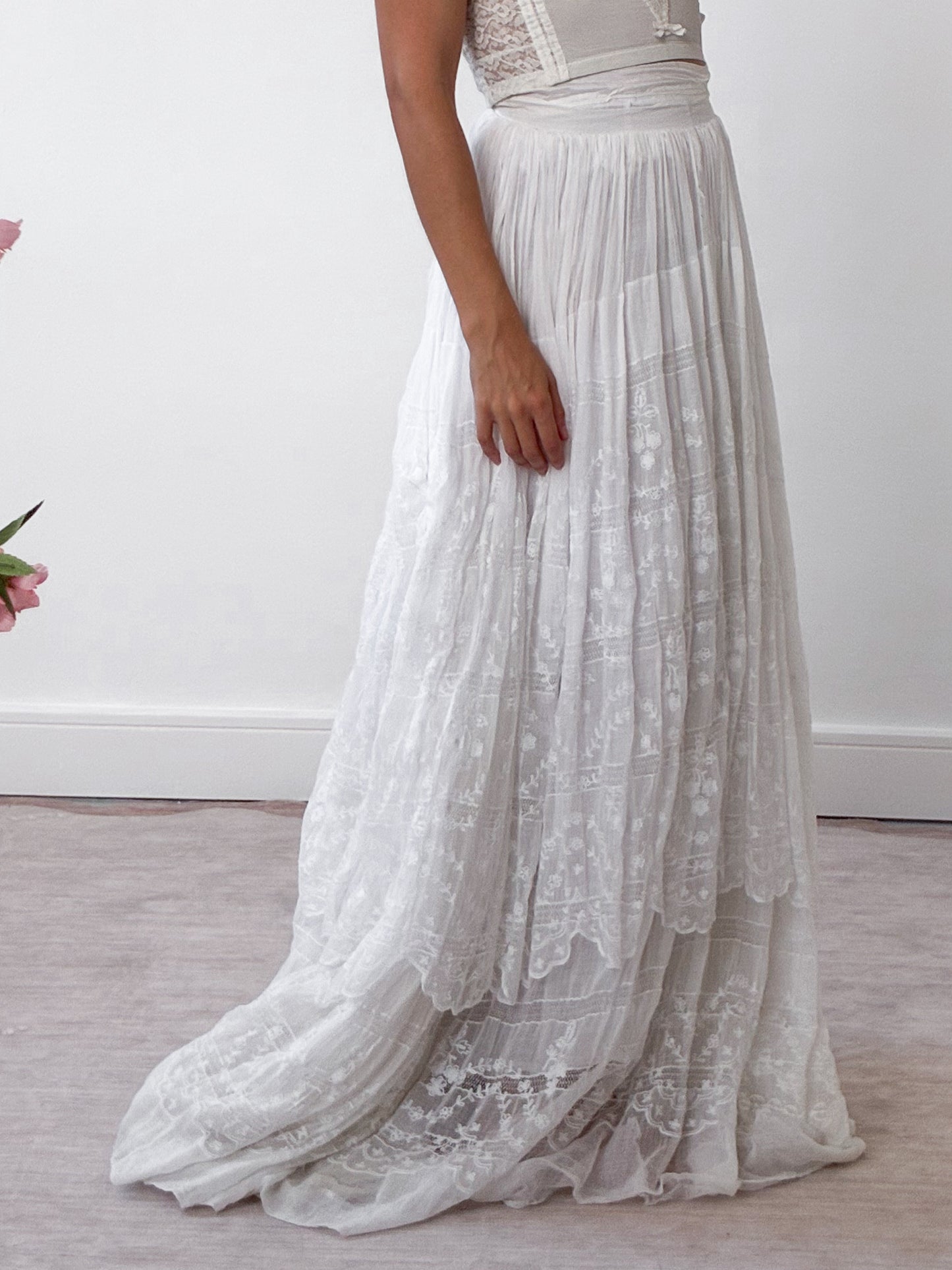 Edwardian Tiered Cotton Lawn Skirt With Floral Embroidery
