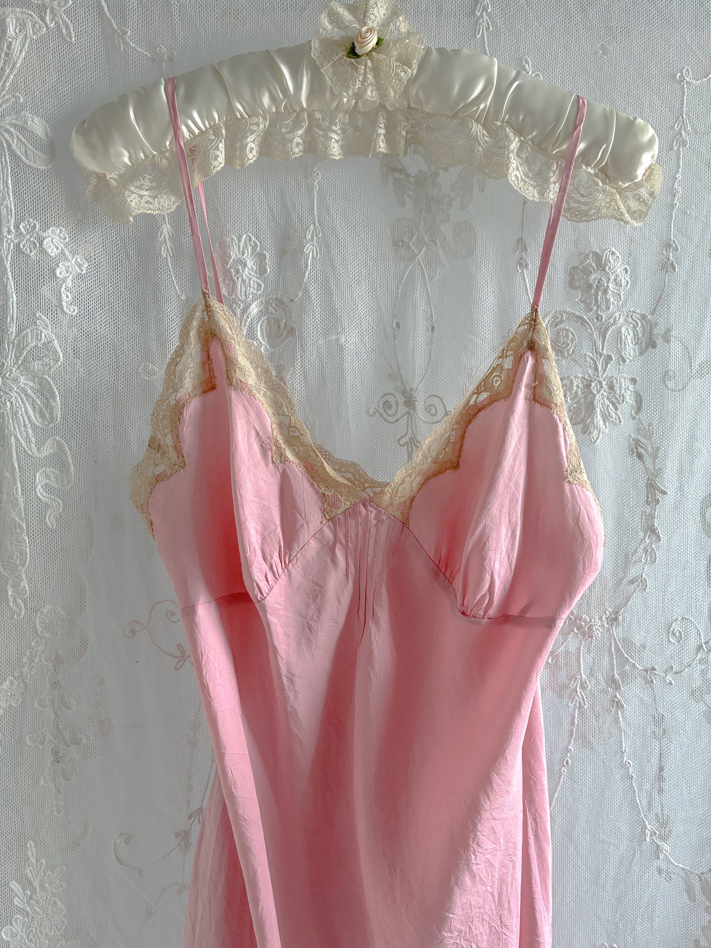 1990s Silk Mini Slip With Cream Lace In Dusty Pink