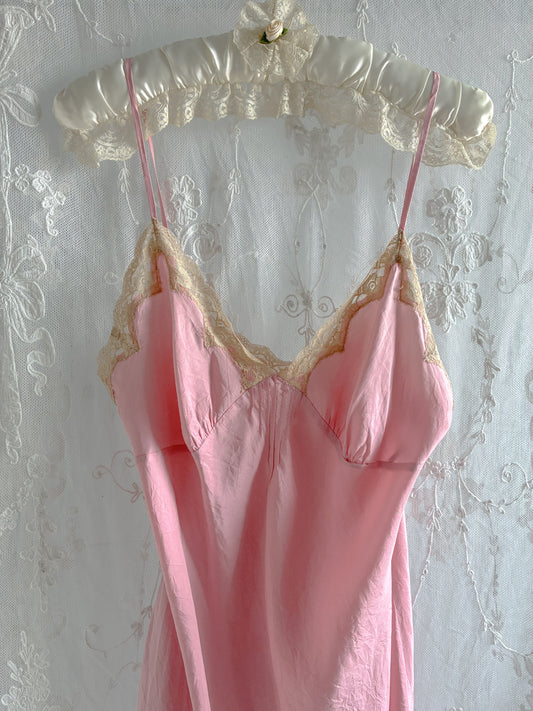1990s Silk Mini Slip With Cream Lace In Dusty Pink