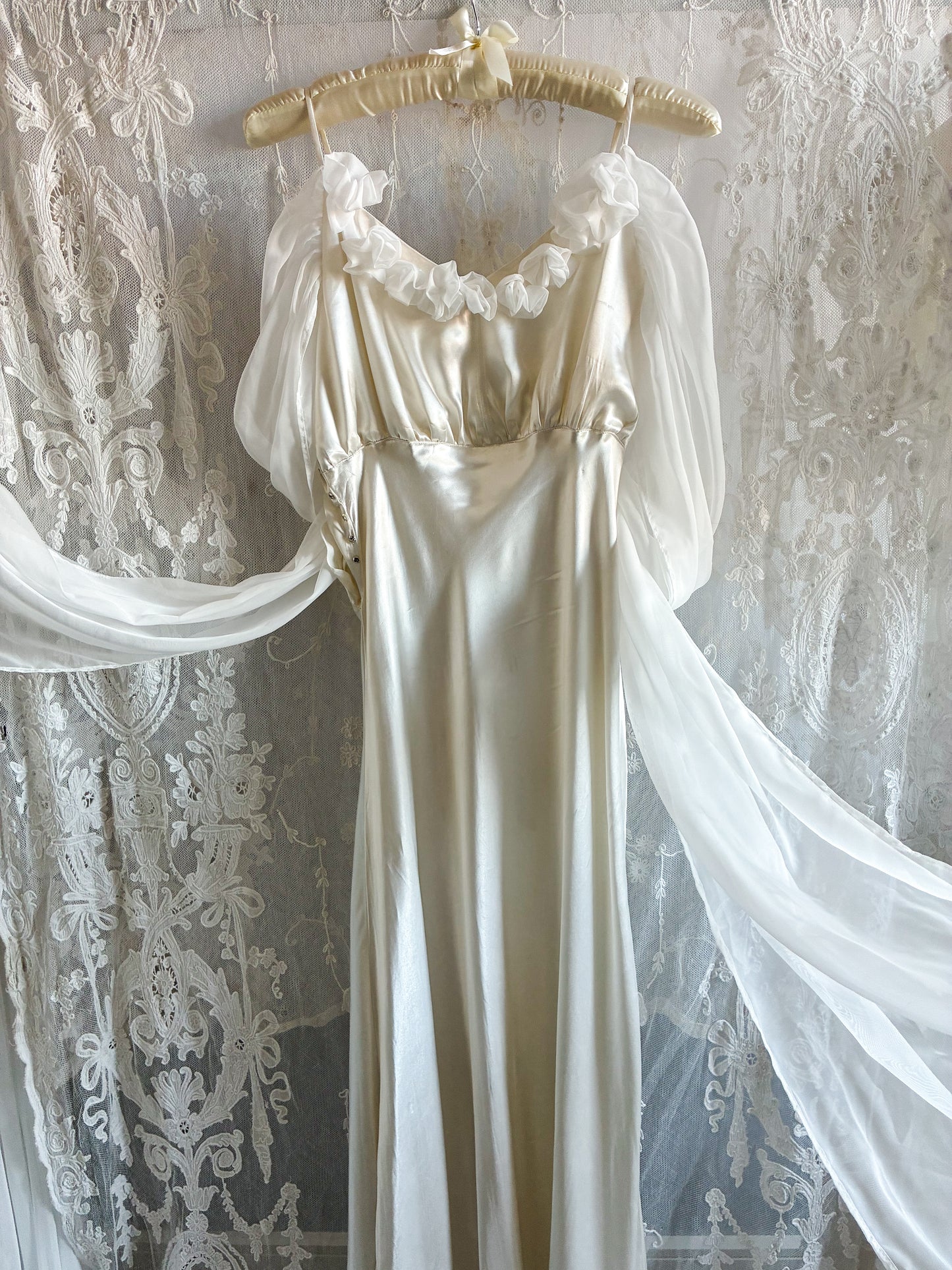 1930s Silk Wedding Gown With Chiffon Sleeves And Bow Detail