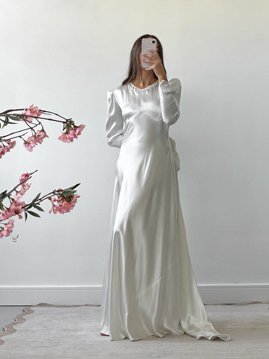 1940s Satin Dress With Wateau Train and Bow Detail