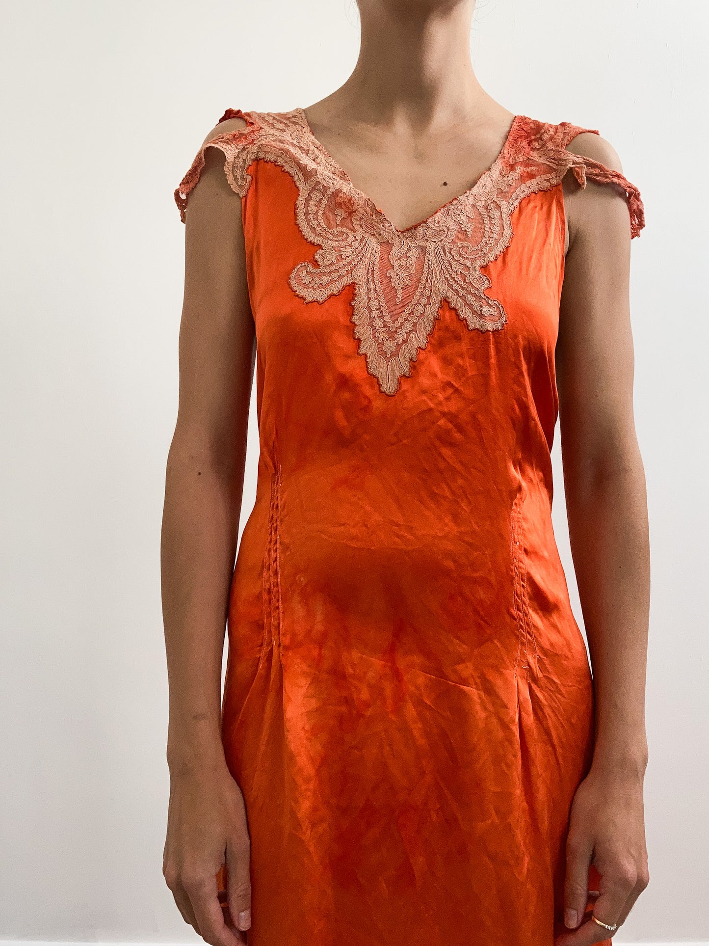 1930s Hand Dyed Silk Satin Slip with Lace and Cap Sleeves