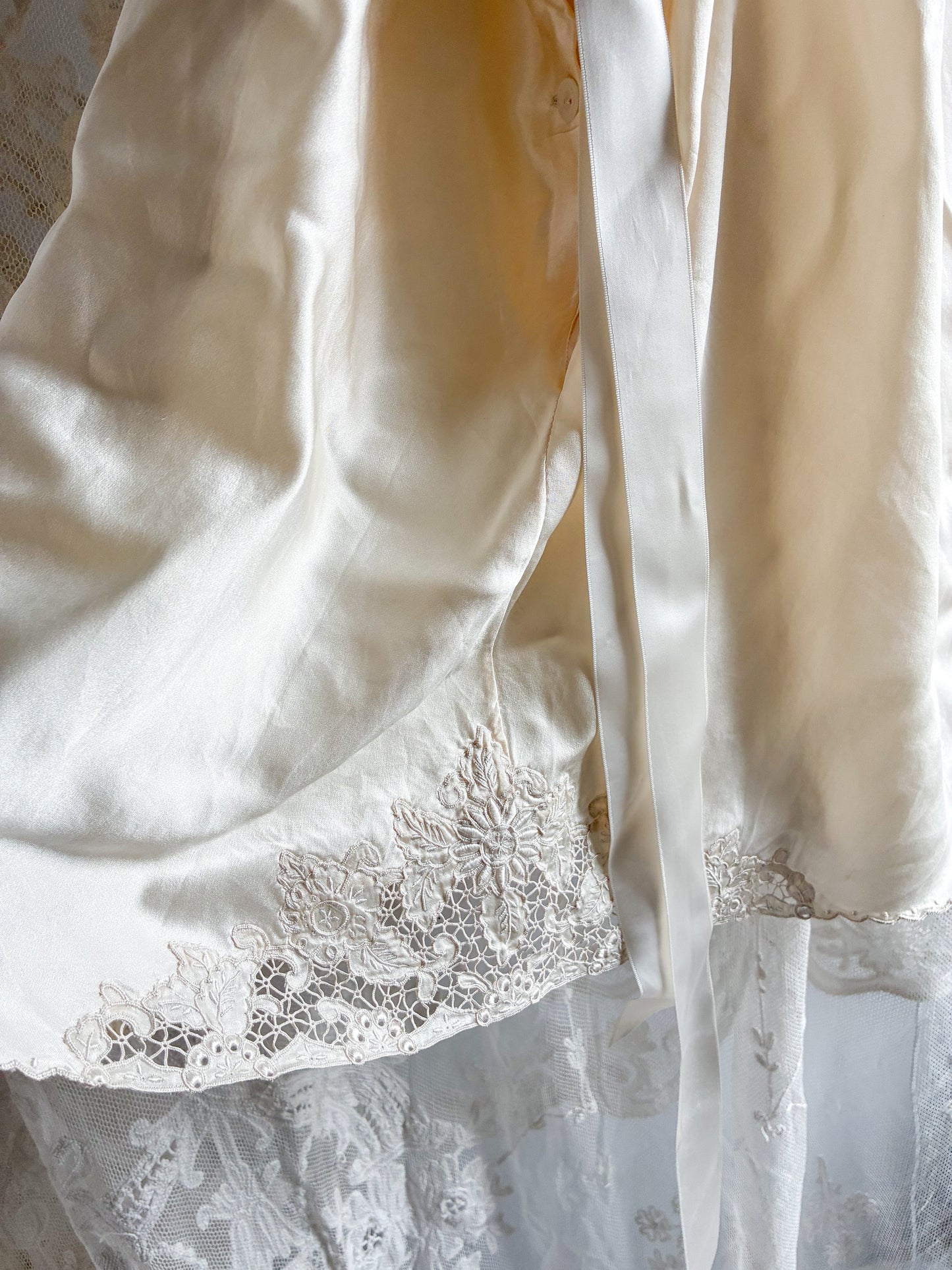 Antique Pure Silk Embroidered Camisole With Satin Straps In Vanilla