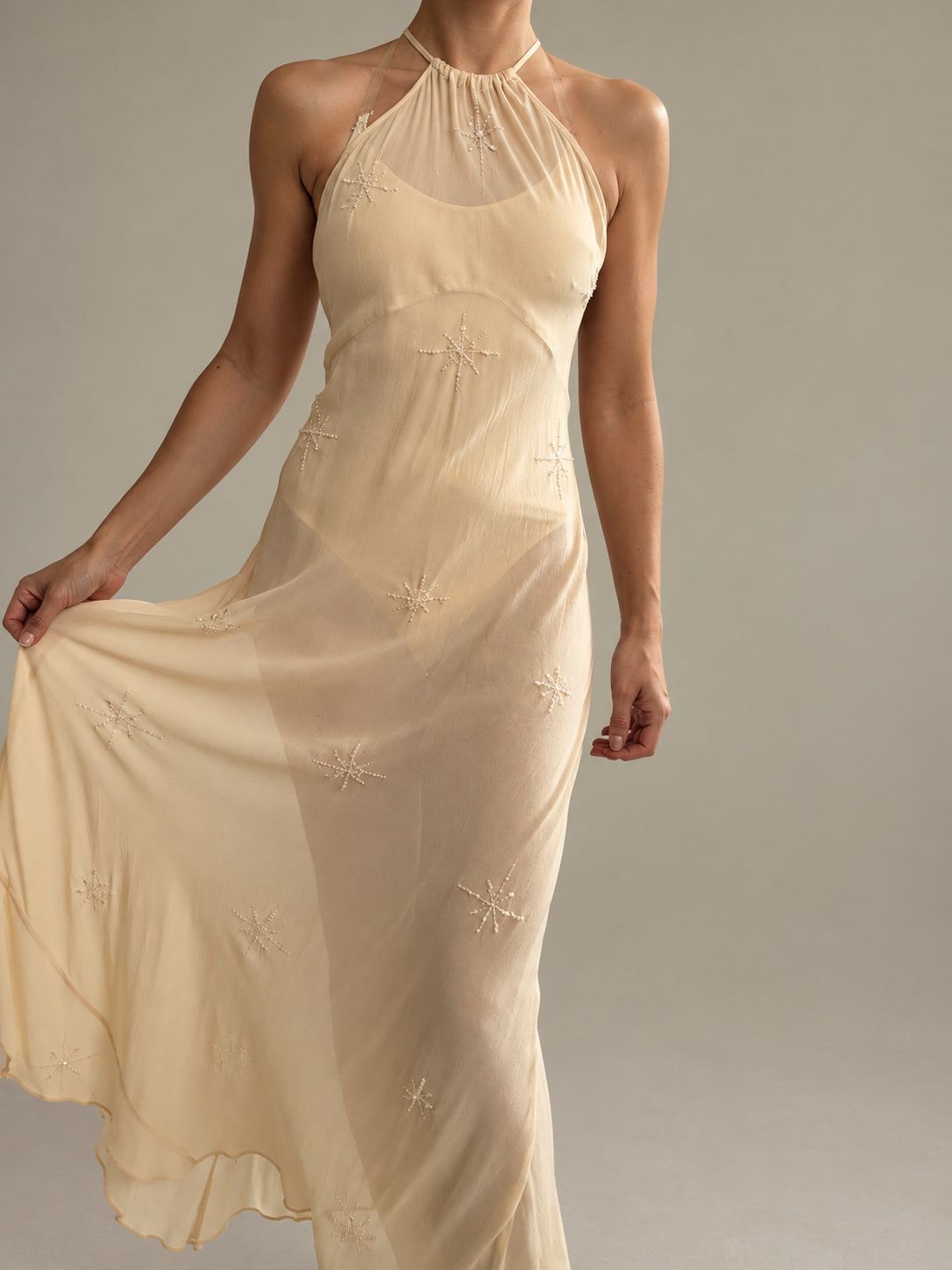1990s Yellow Silk Chiffon Halterneck Slip Gown XS S M