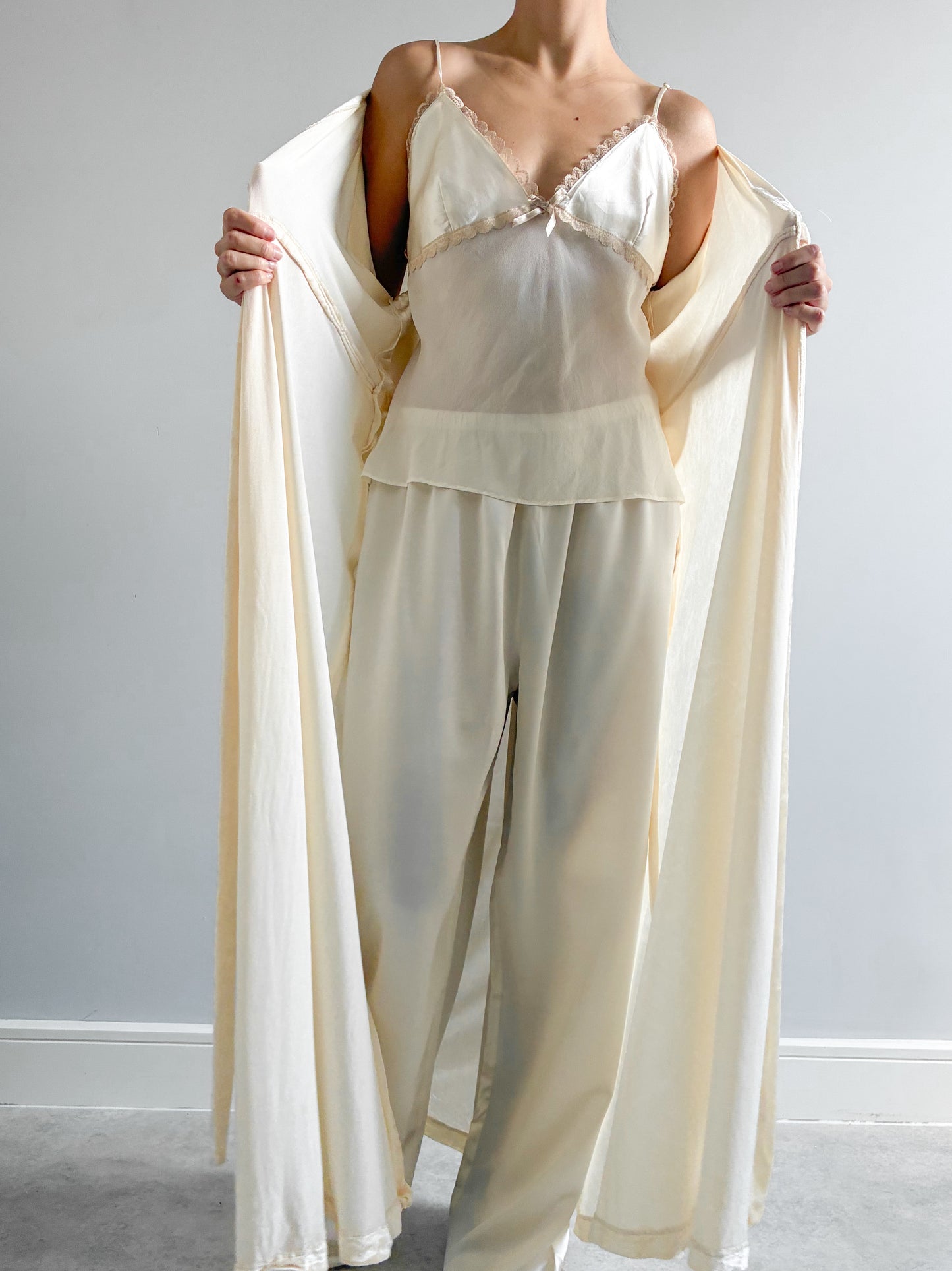 1970s Crushed Velvet Robe With Triangle Sleeves In Buttercream
