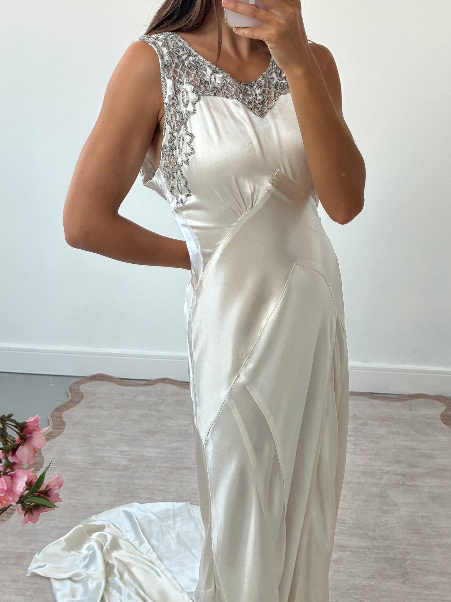 1930s Silk Gown With Beaded Neckline And Train M