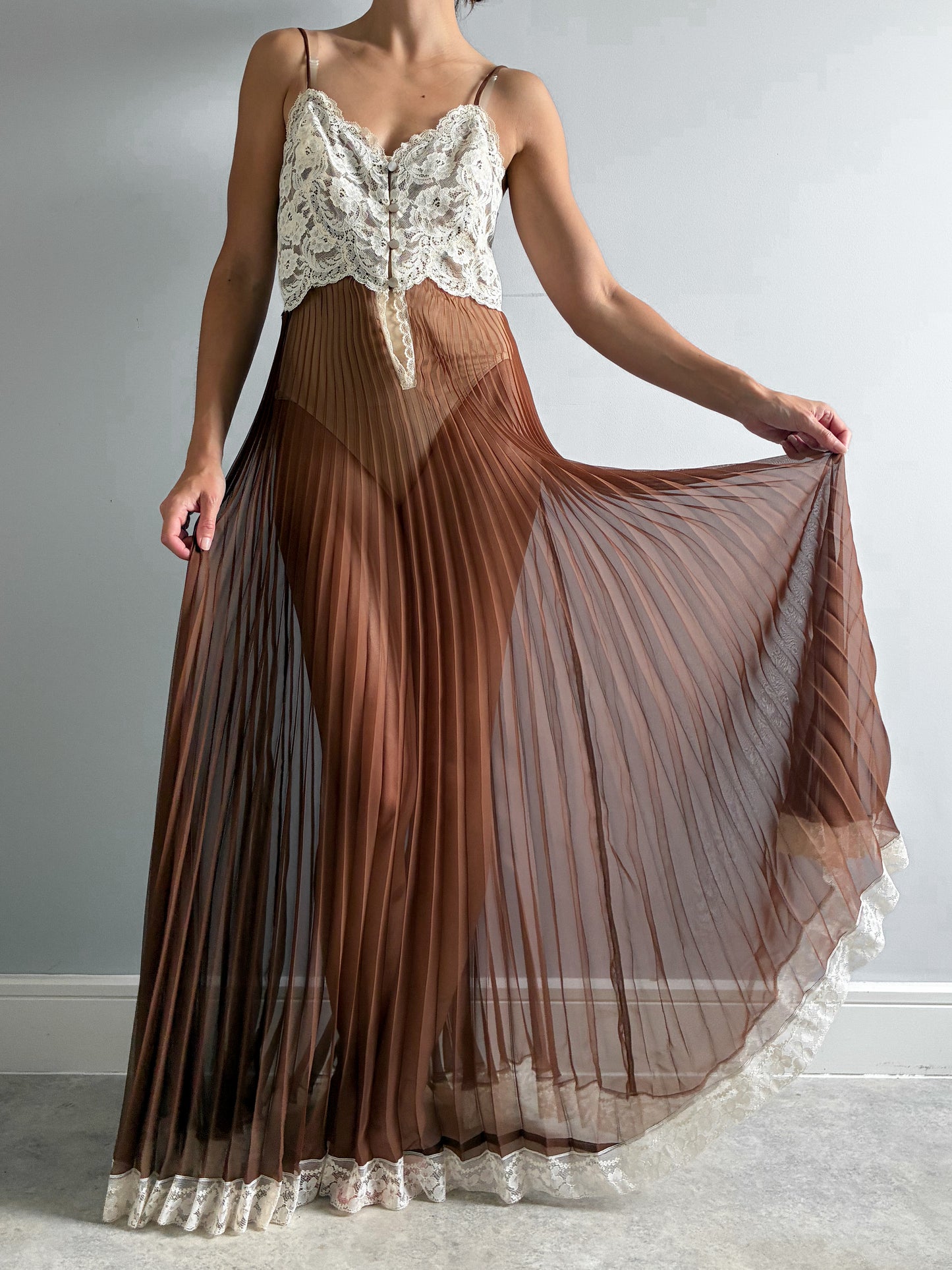 1970s Chocolate Pleated Nightdress with Cream Lace
