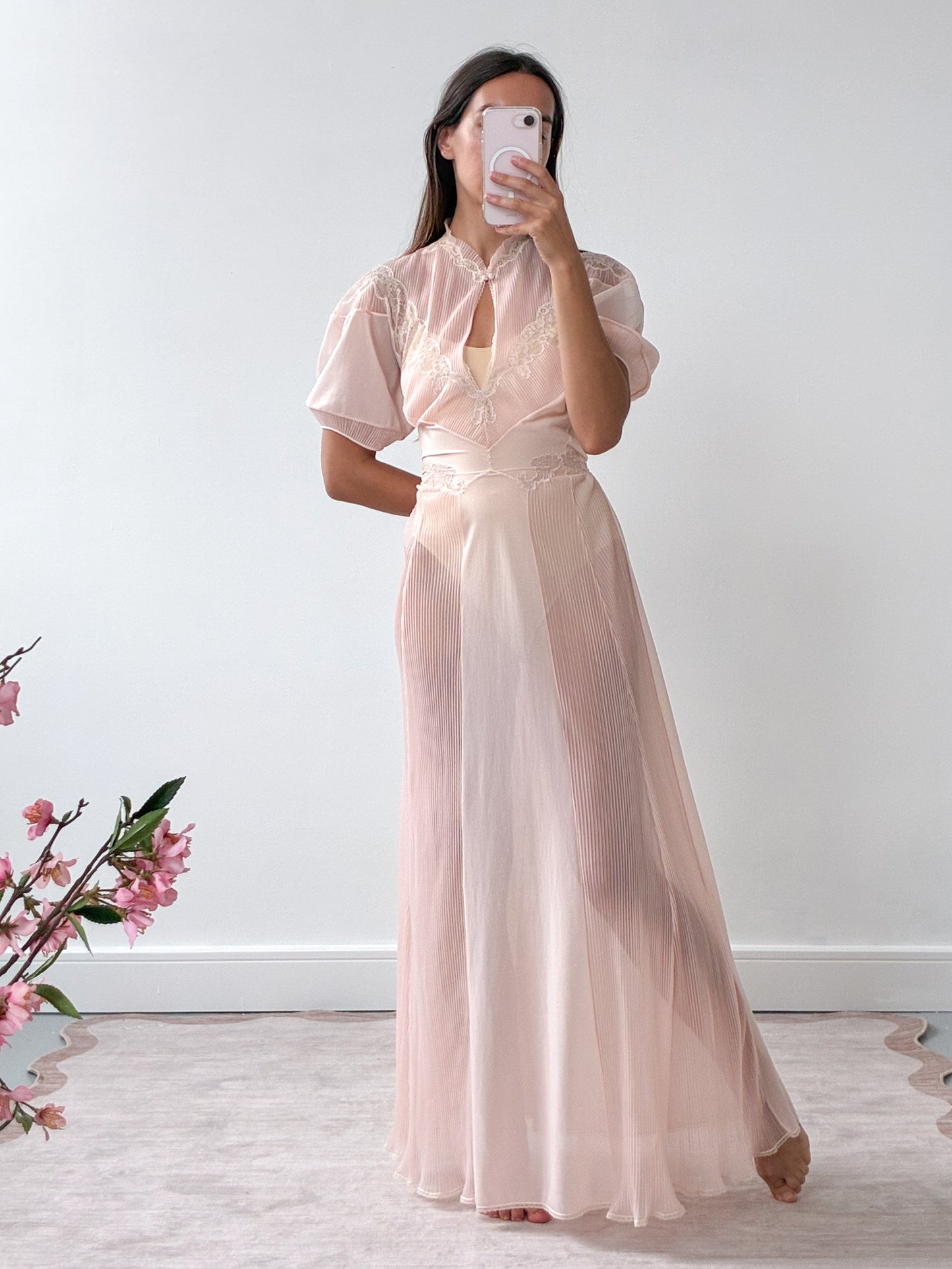 1970s Sheer Peach Nightgown With Lace Detail