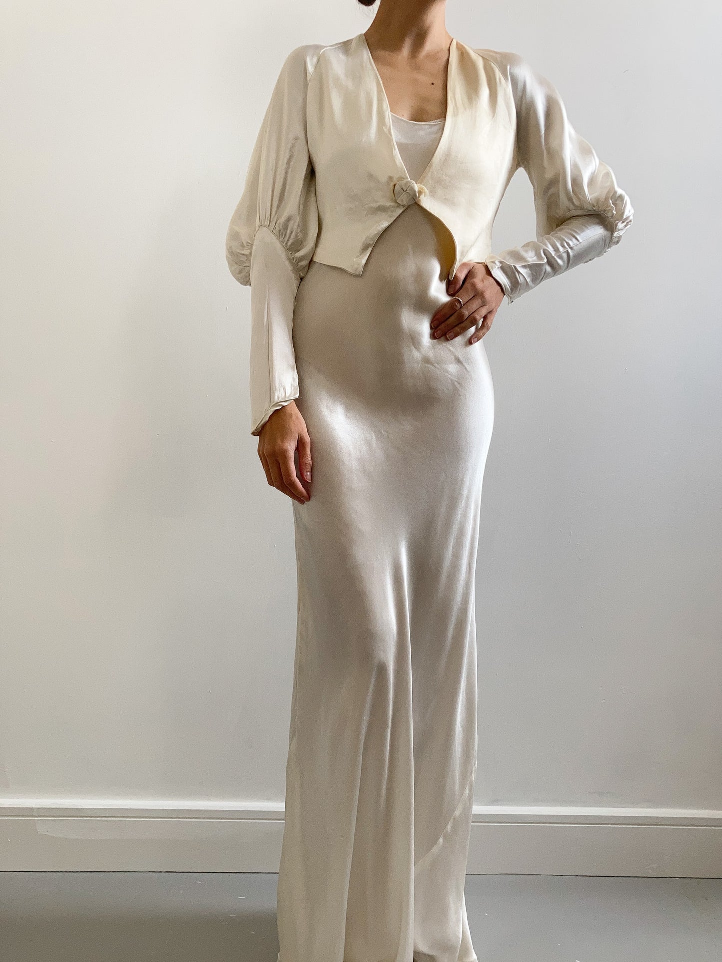 1930s Silk Charmeuse Bridal Jacket with Juliette Sleeves