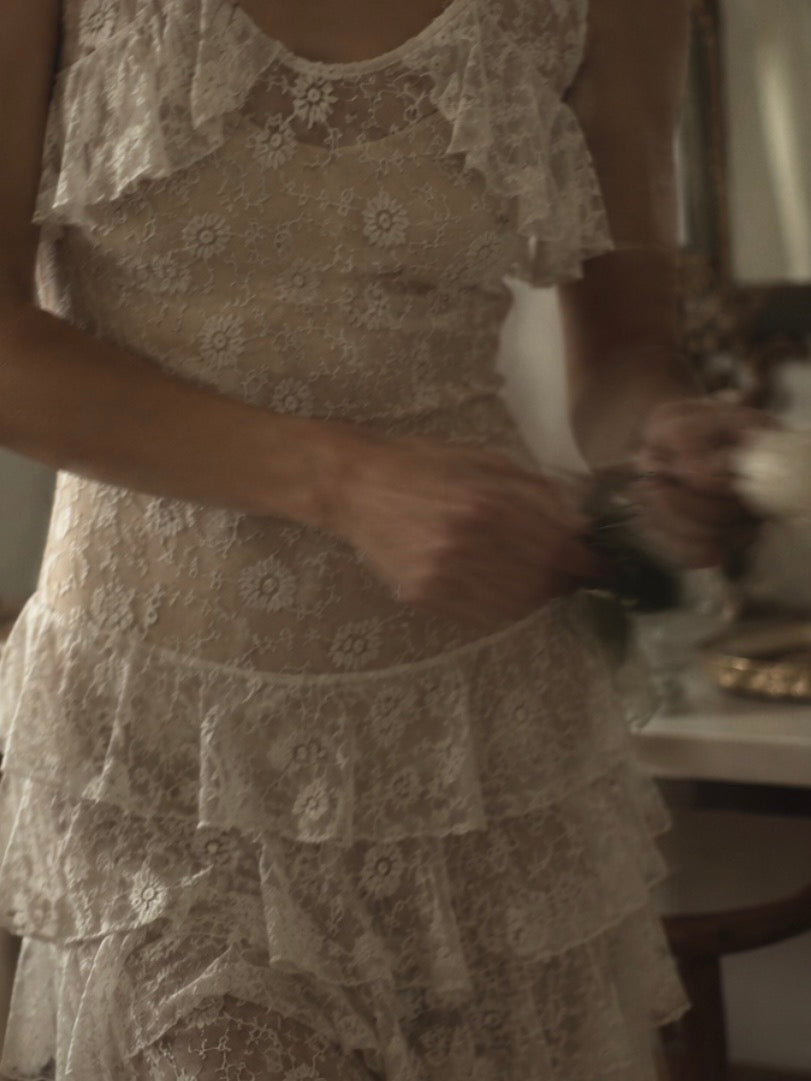 1930s French Floral Lace Dress With Ruffle Detail S M