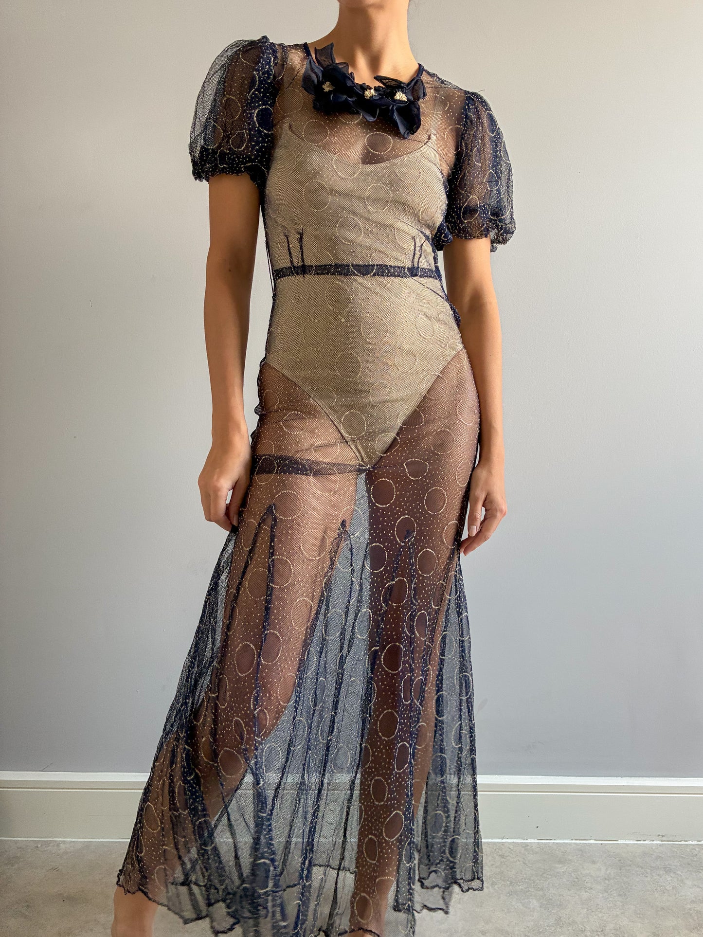 1930s Puff Sleeve Net Dress In Midnight Blue