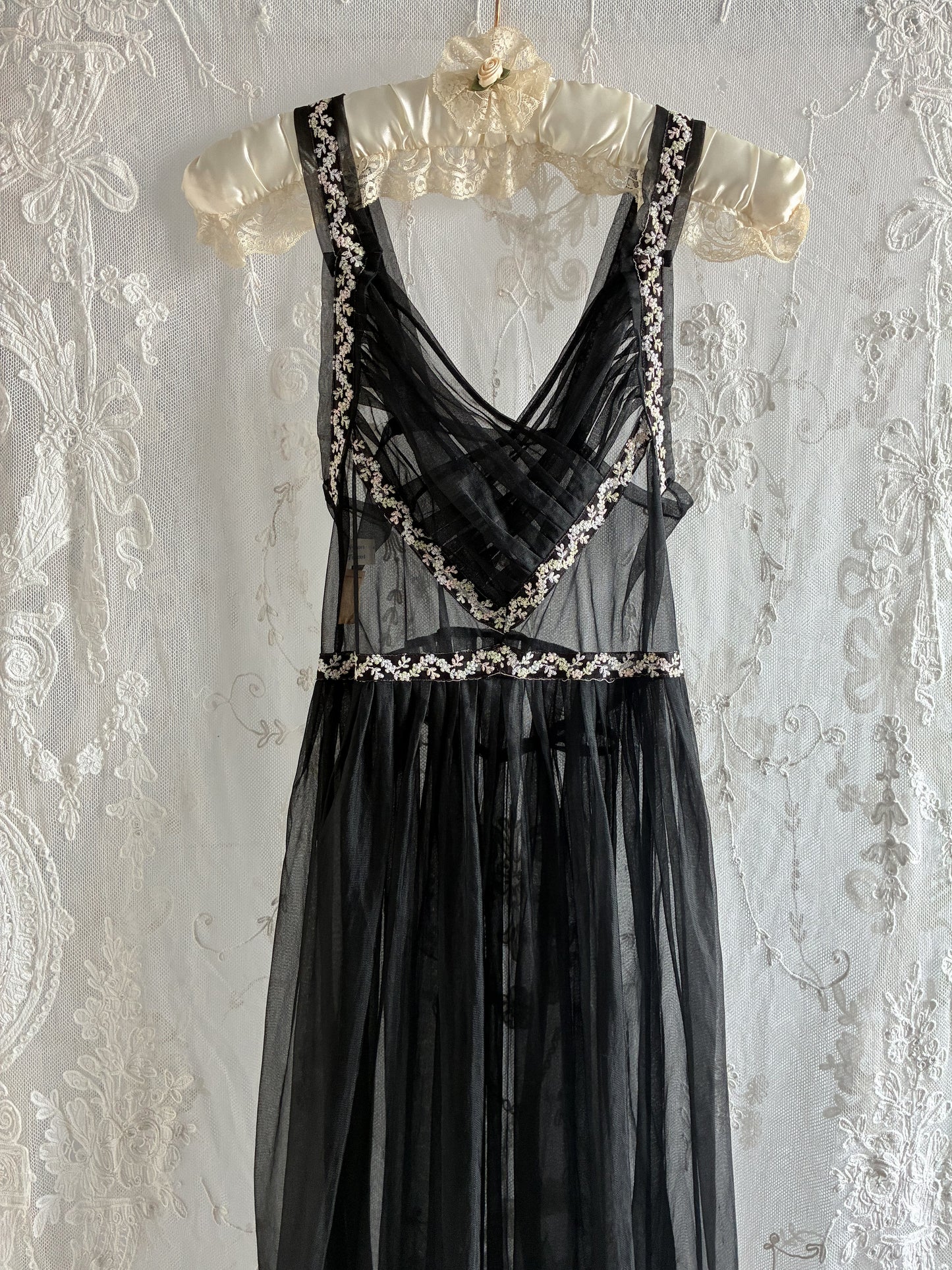 1950s Black Sheer Nightdress With Floral Embroidery