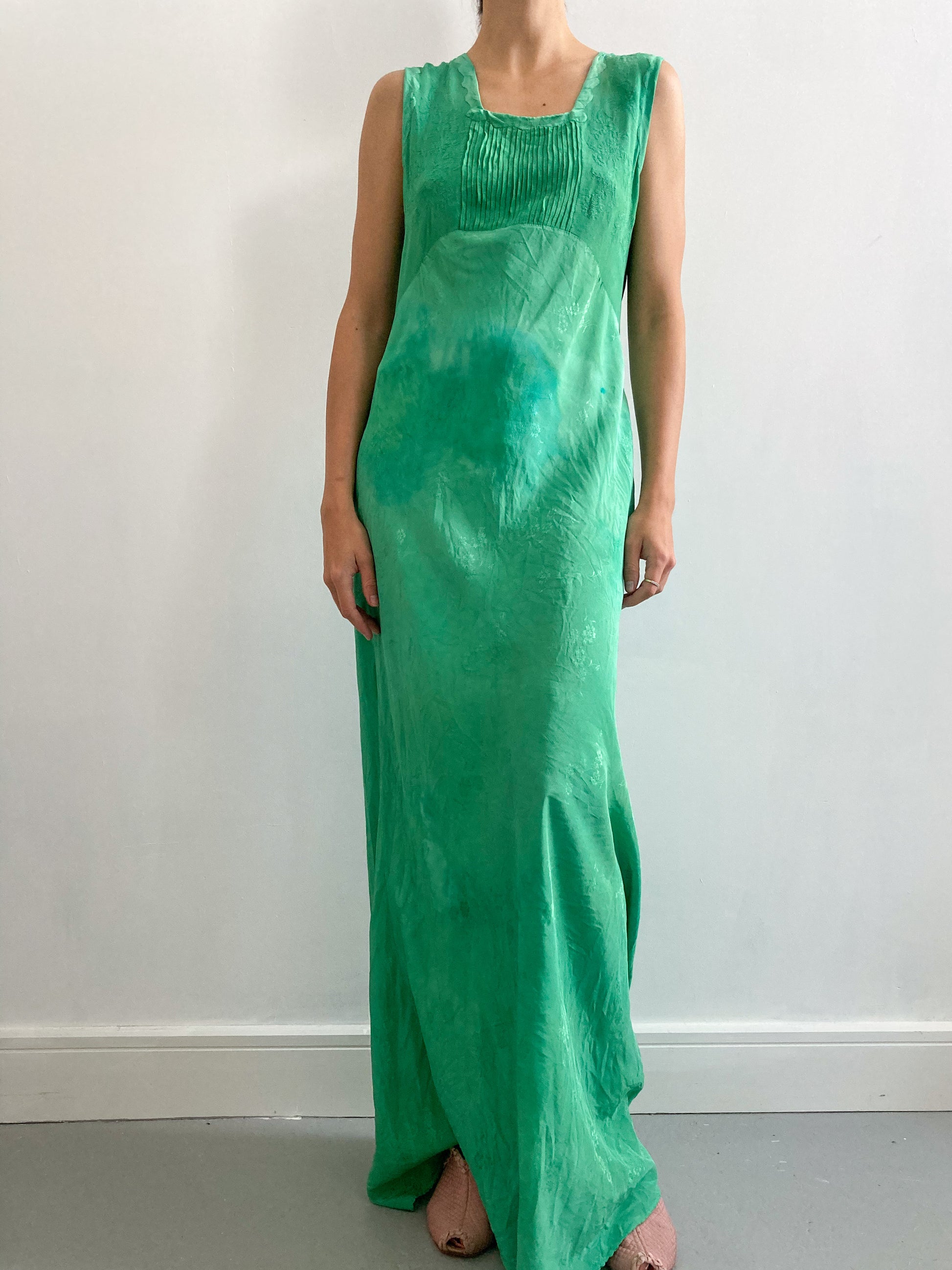 1930s Hand Dyed Silk Floral Slip Gown in Emerald Adored Closet 1930s Hand Dyed Silk Floral Slip Gown in Emerald Adored Closet