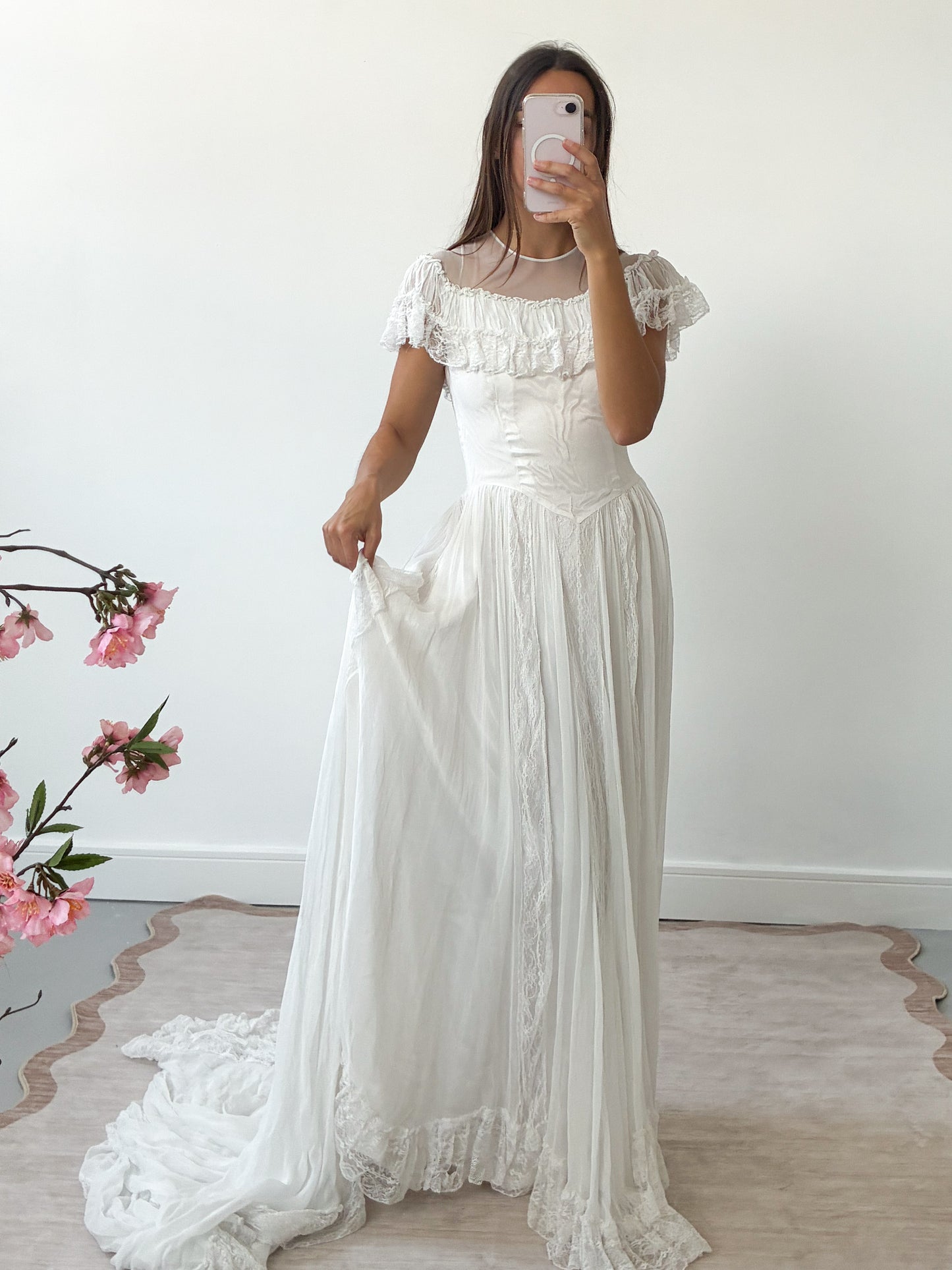 1940s Ivory Tulle Wedding Dress With Ruffle Neck And Cathedral Train